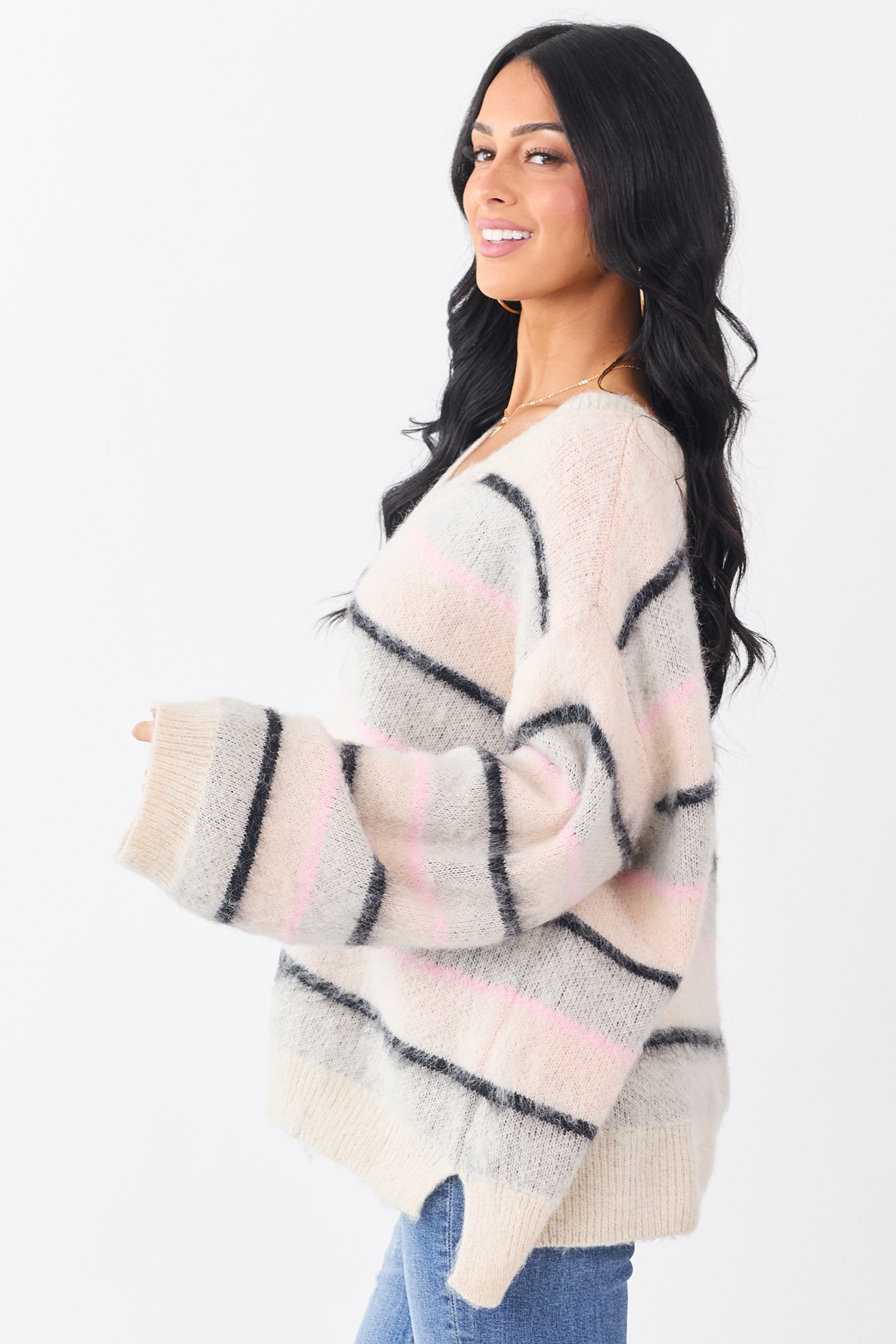 POL Cream Striped Long Sleeve V Neck Sweater