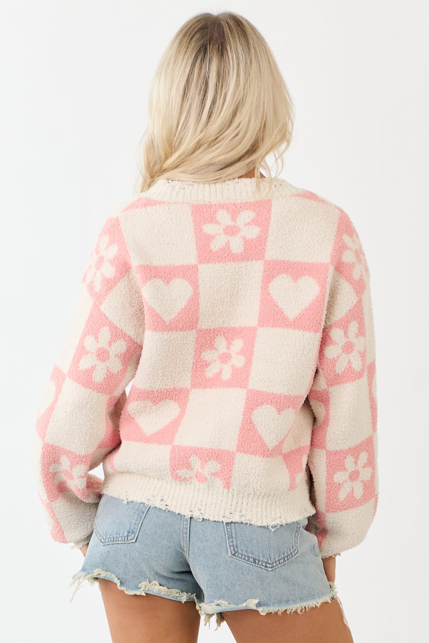 POL Cream and Coral Checkered V Neck Knit Sweater