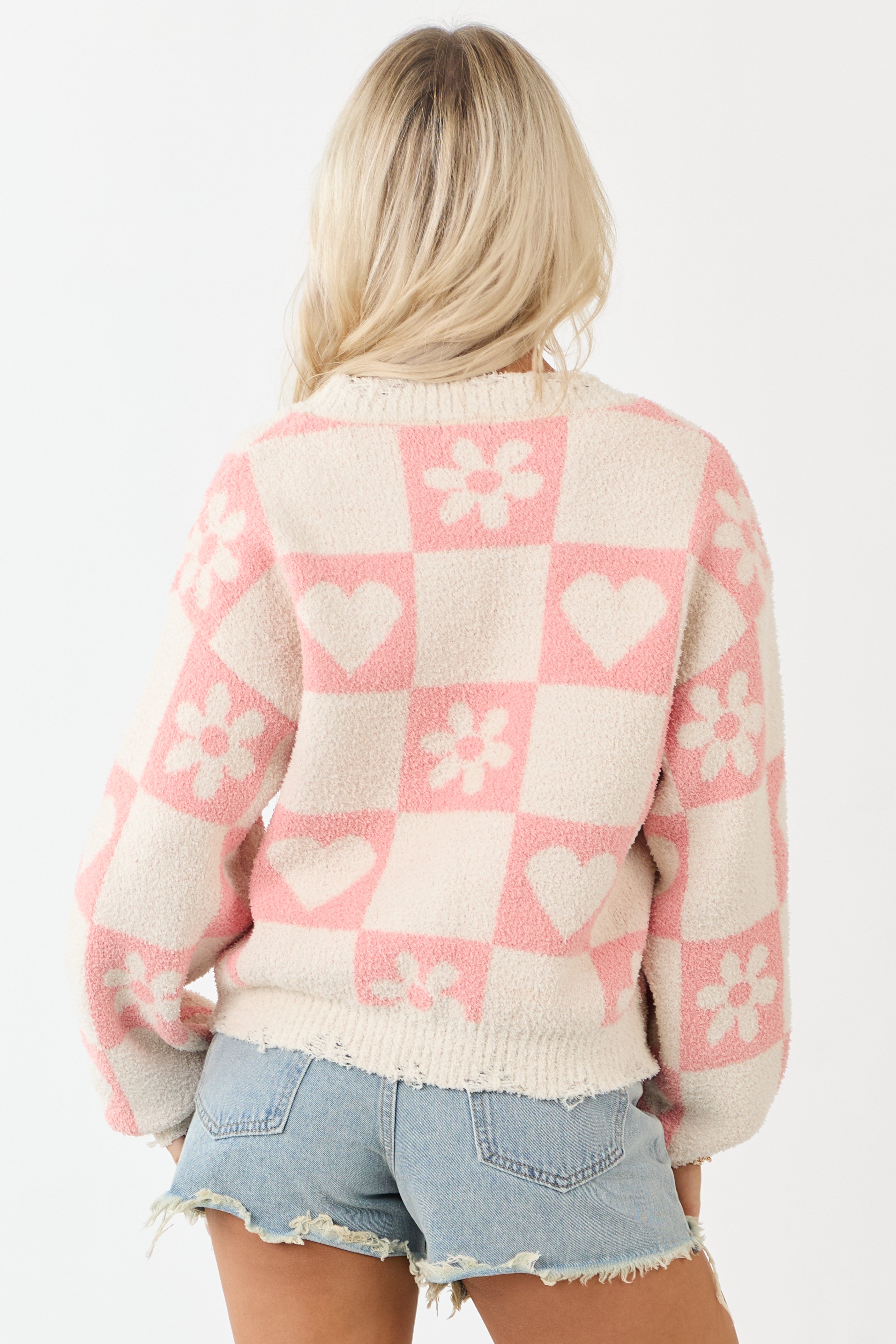 POL Cream and Coral Checkered V Neck Knit Sweater
