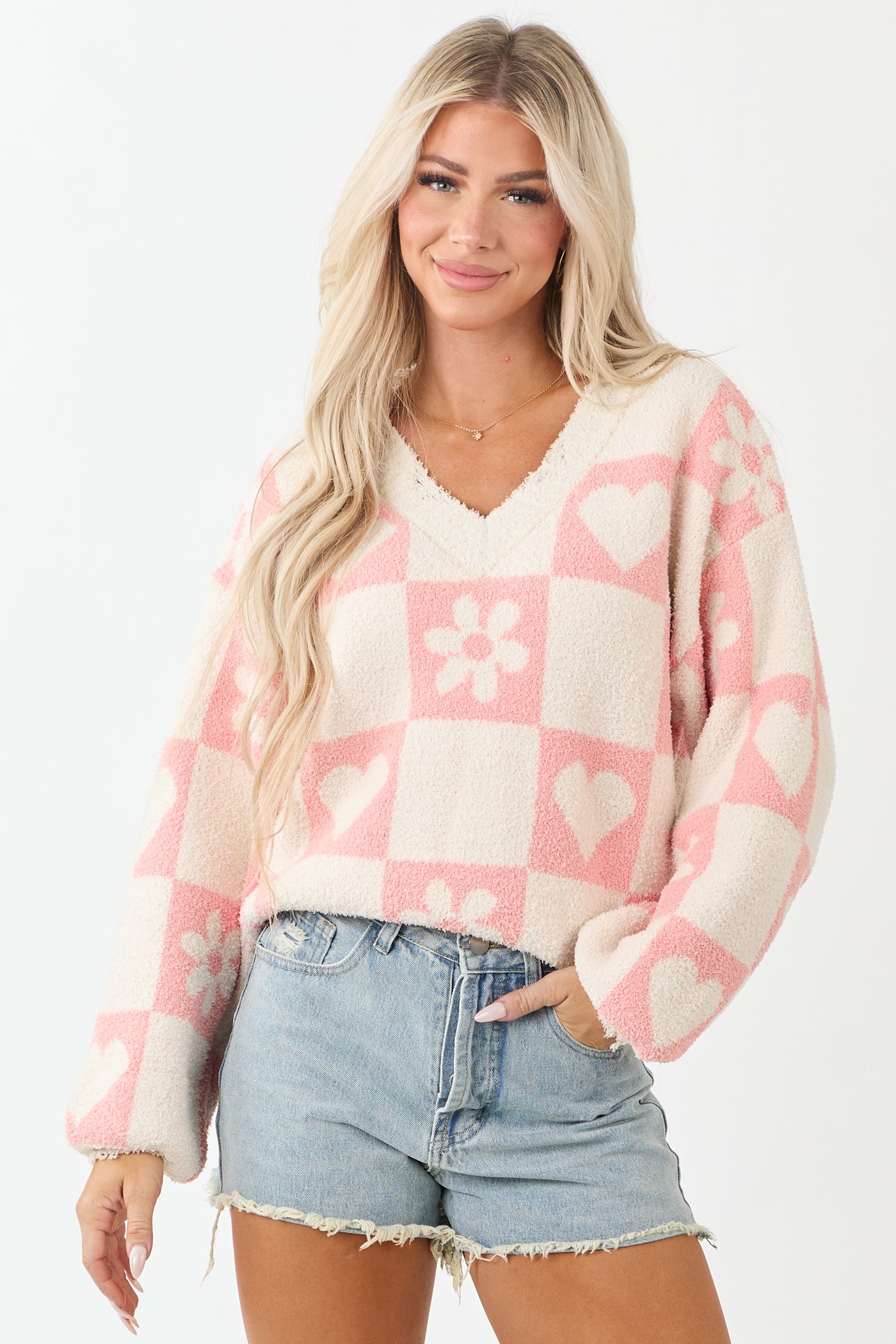 POL Cream and Coral Checkered V Neck Knit Sweater