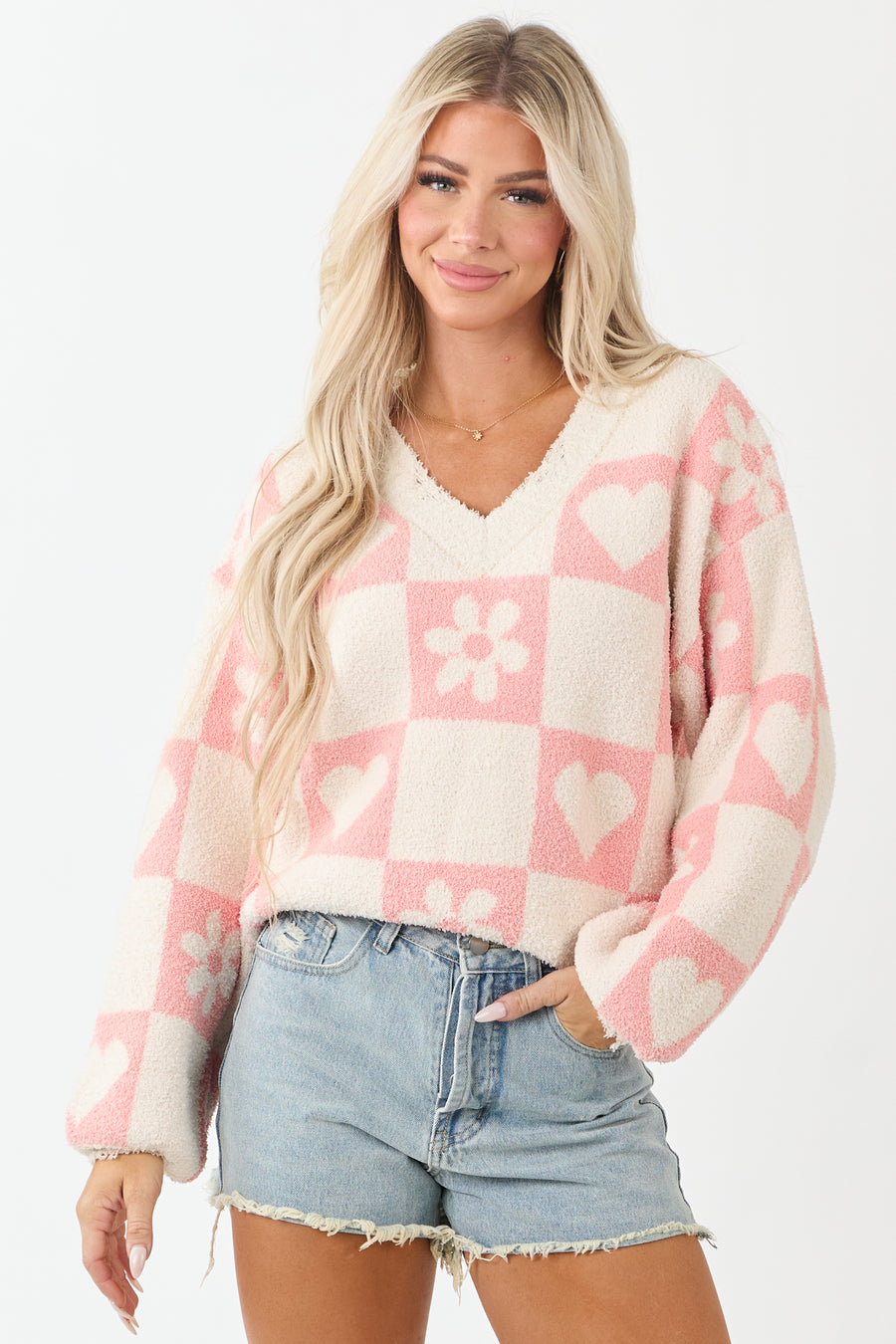 POL Cream and Coral Checkered V Neck Knit Sweater