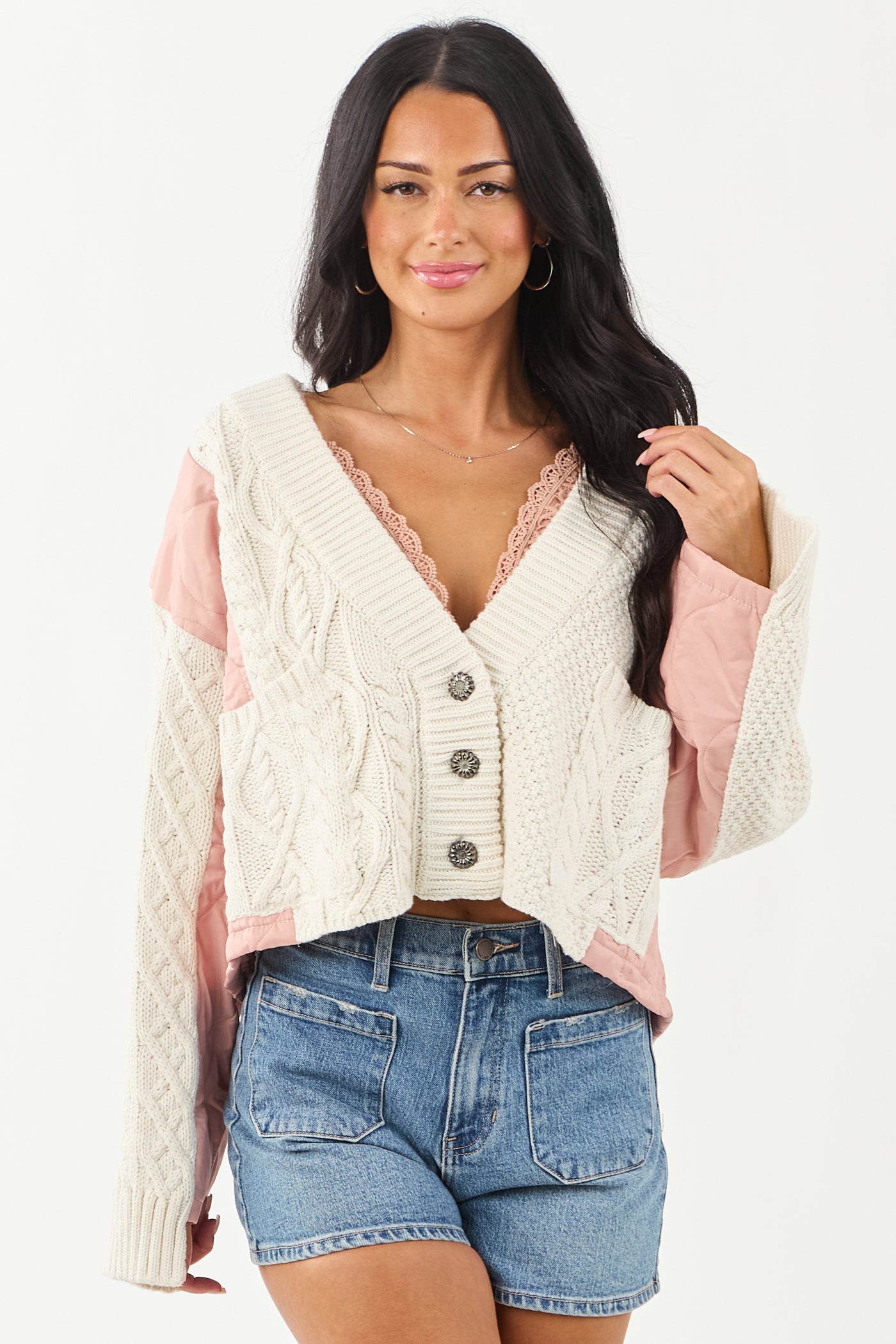 POL Cream and Dusty Blush Button Down Cardigan
