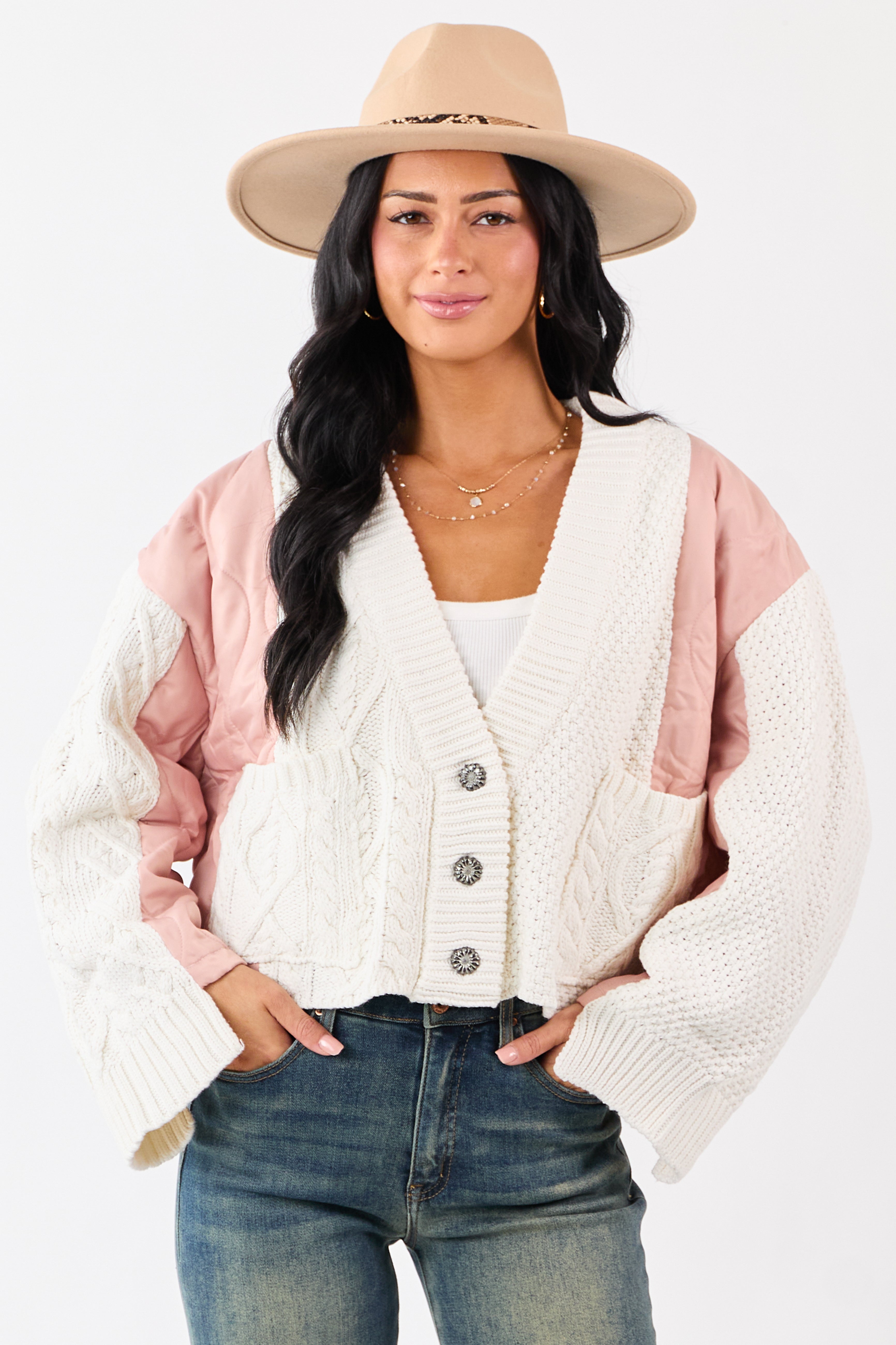 POL Cream and Dusty Blush Button Down Cardigan