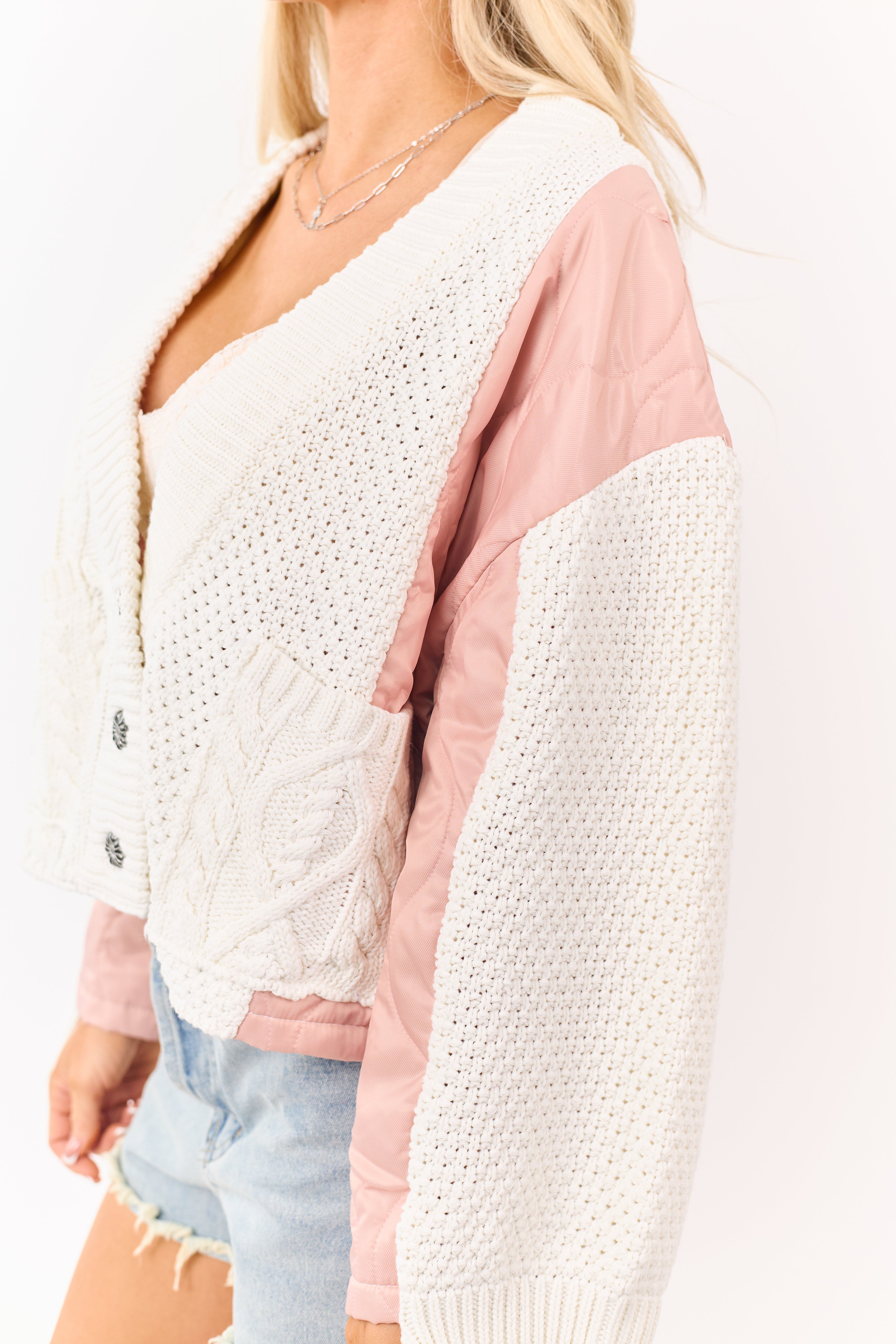 POL Cream and Dusty Blush Button Down Cardigan