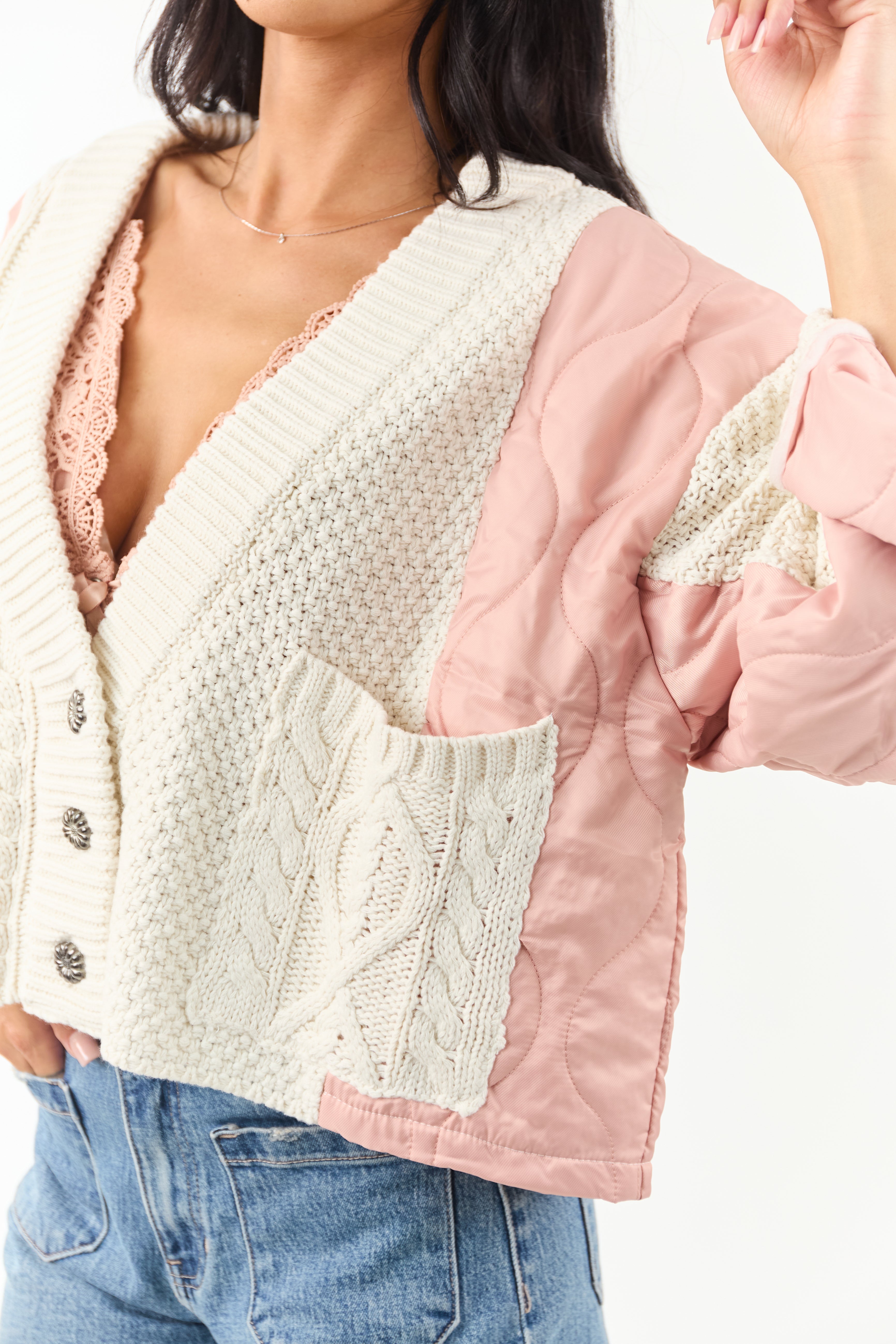 POL Cream and Dusty Blush Button Down Cardigan