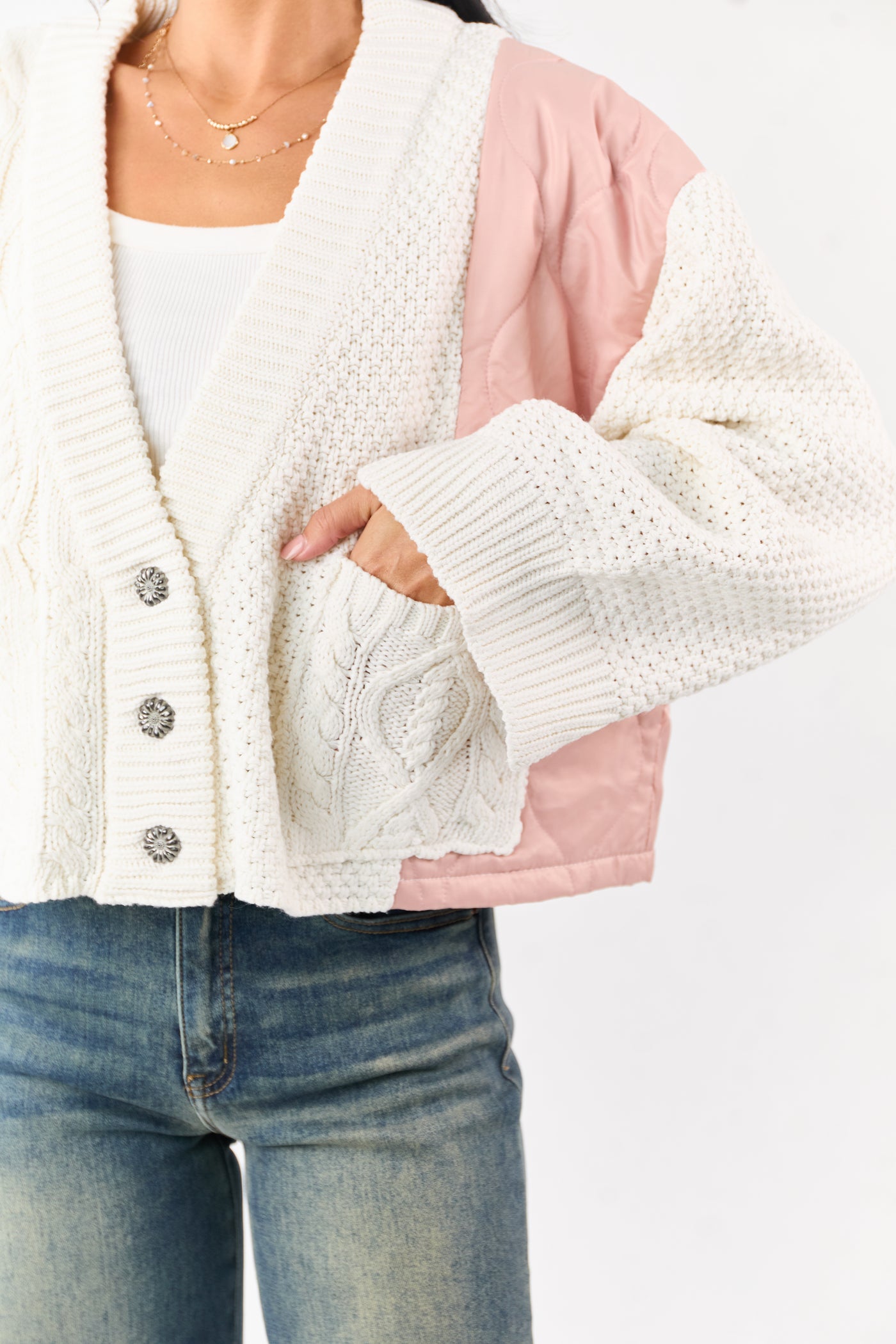 POL Cream and Dusty Blush Button Down Cardigan