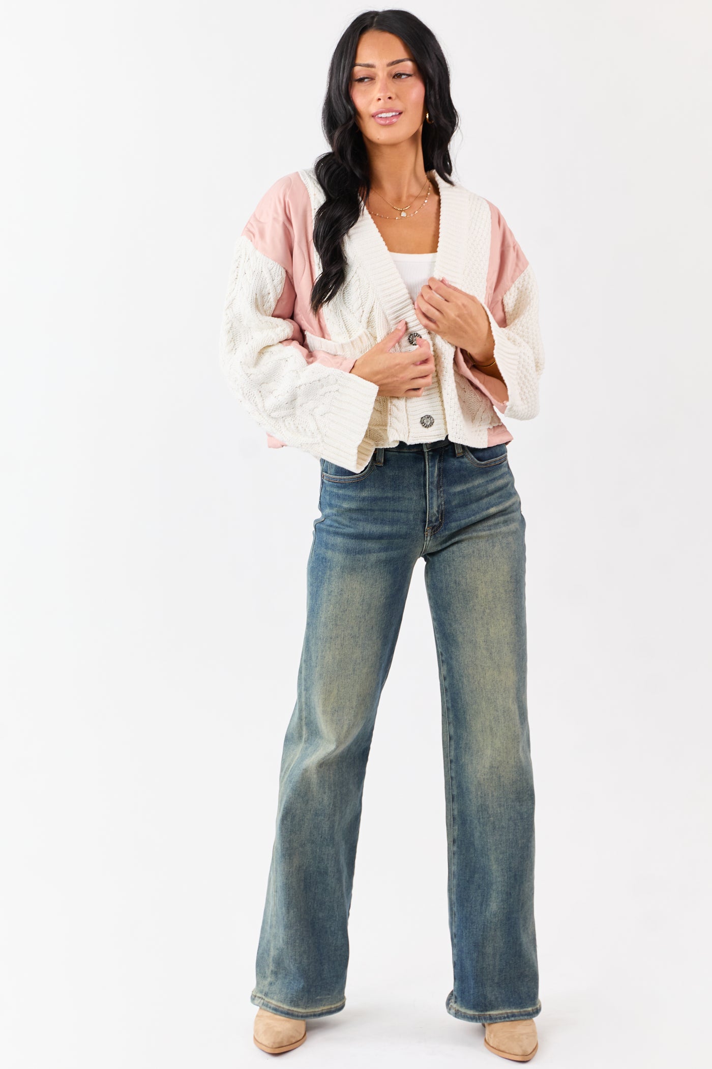 POL Cream and Dusty Blush Button Down Cardigan