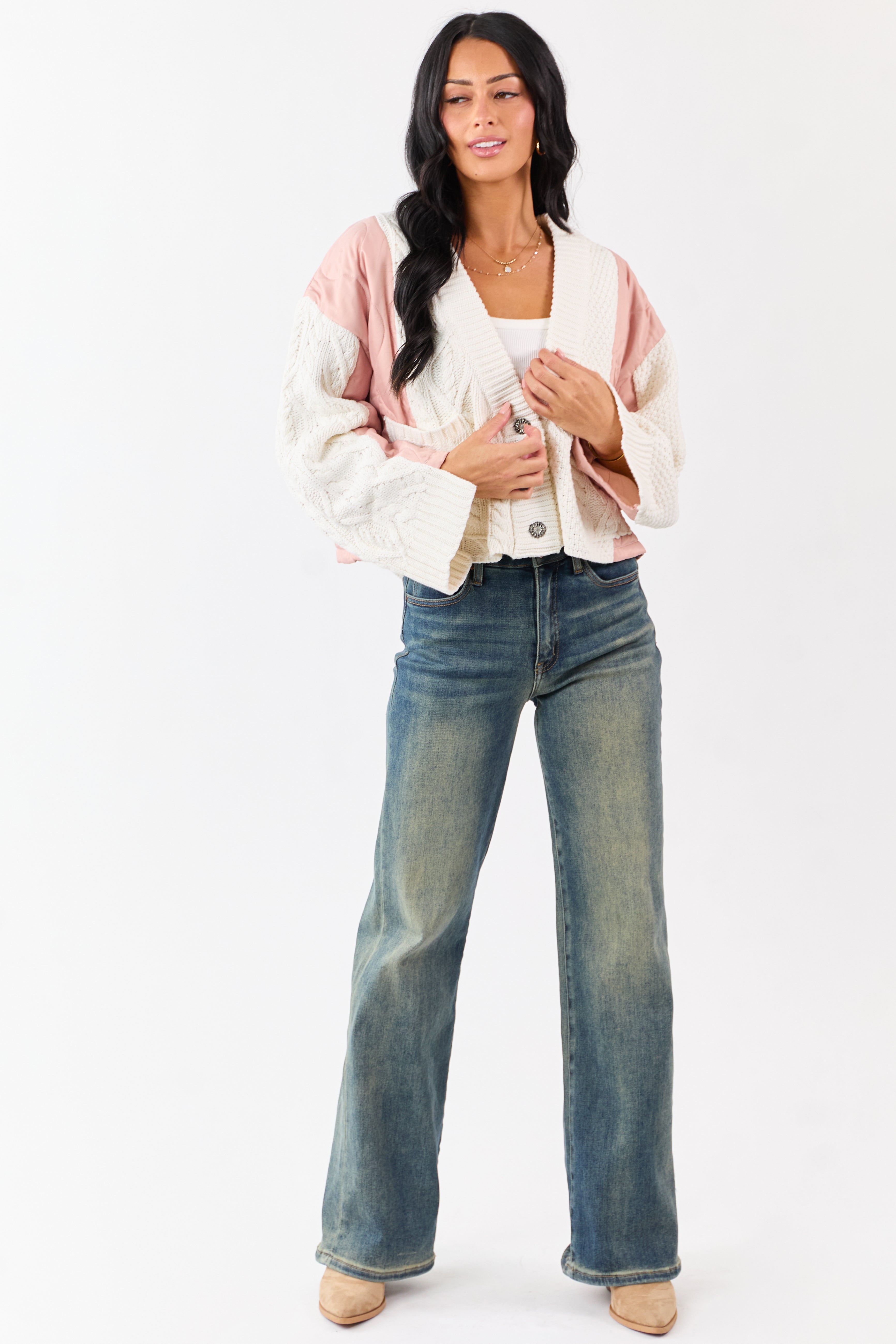 POL Cream and Dusty Blush Button Down Cardigan