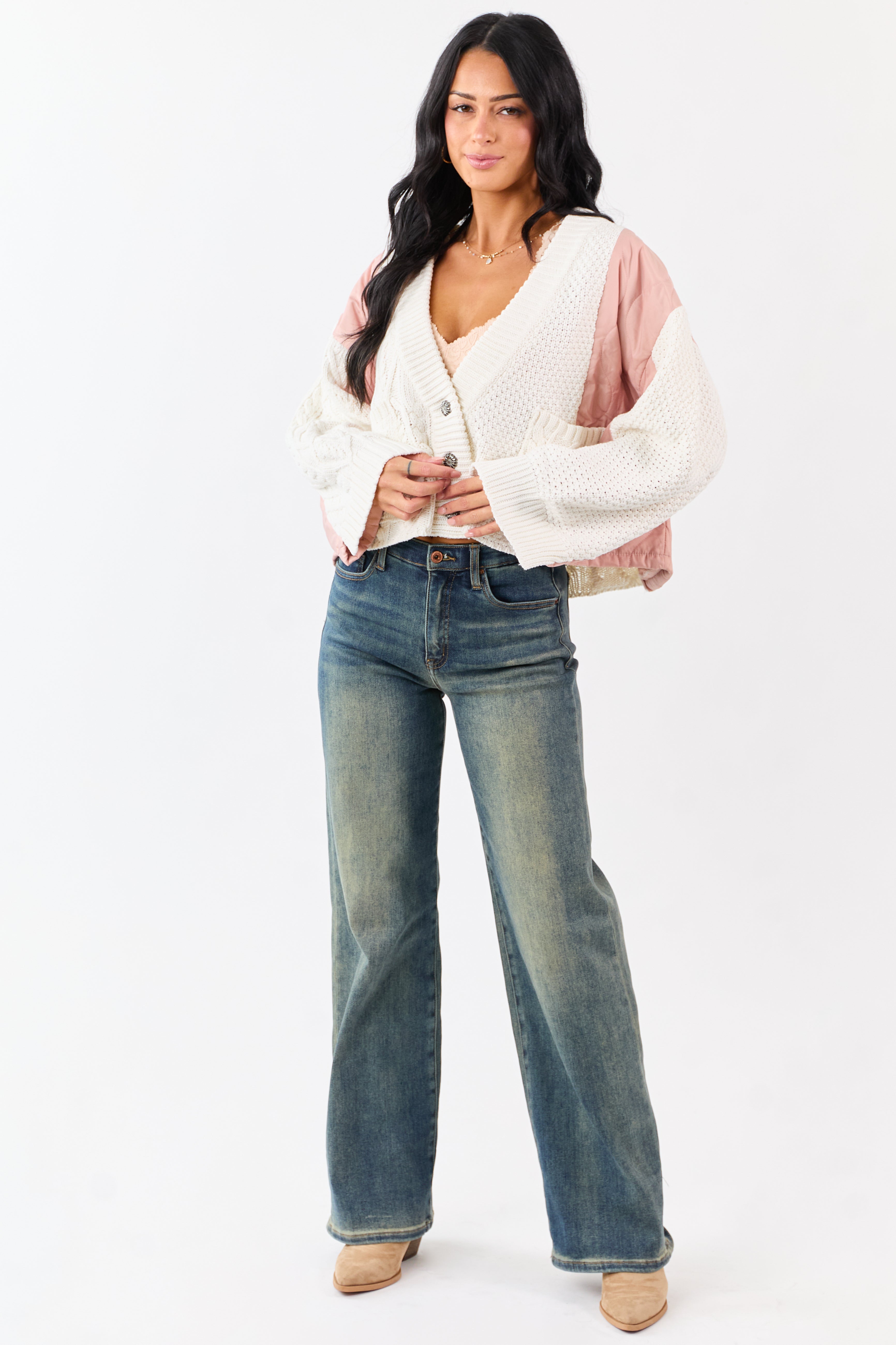 POL Cream and Dusty Blush Button Down Cardigan