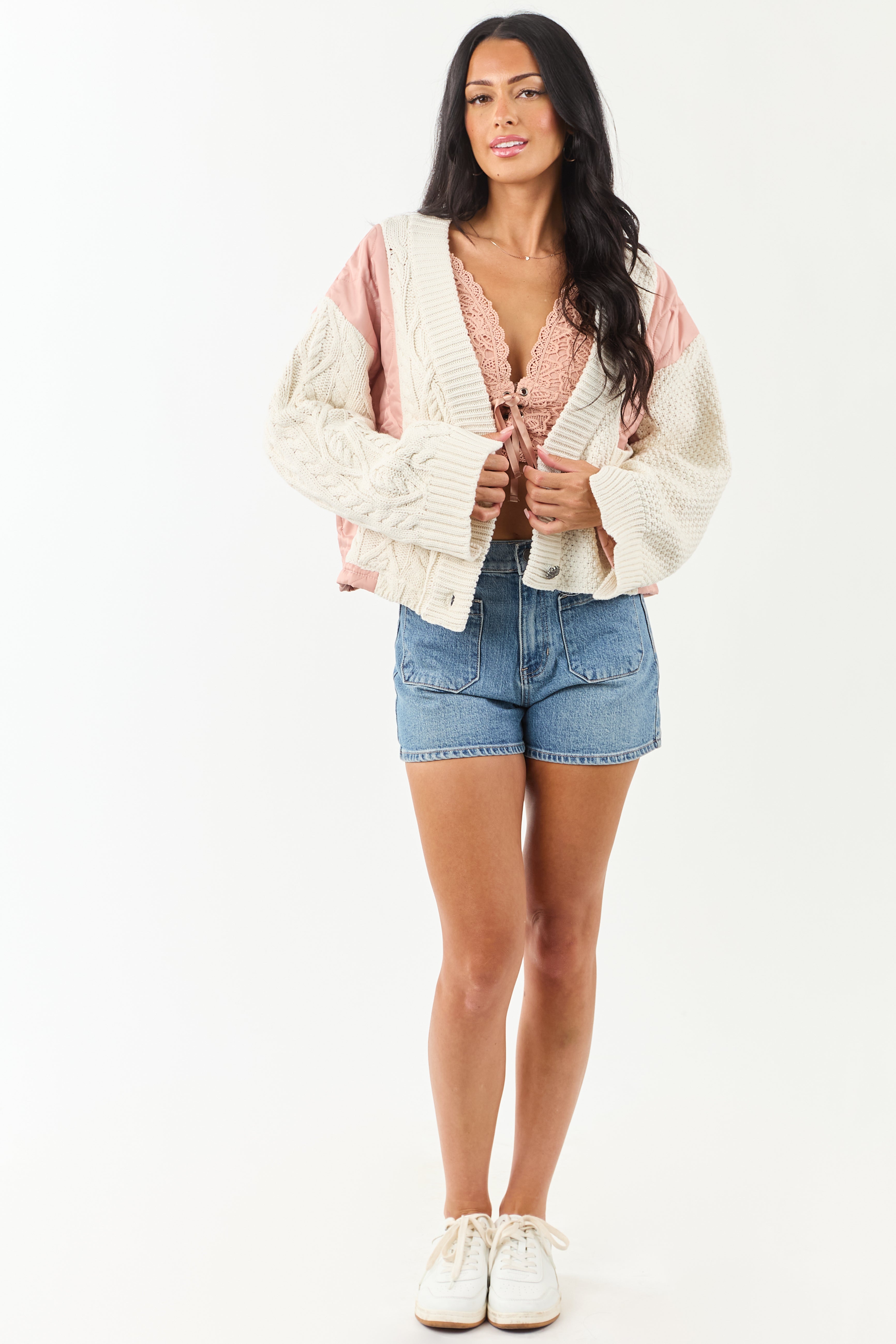 POL Cream and Dusty Blush Button Down Cardigan