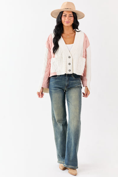 POL Cream and Dusty Blush Button Down Cardigan