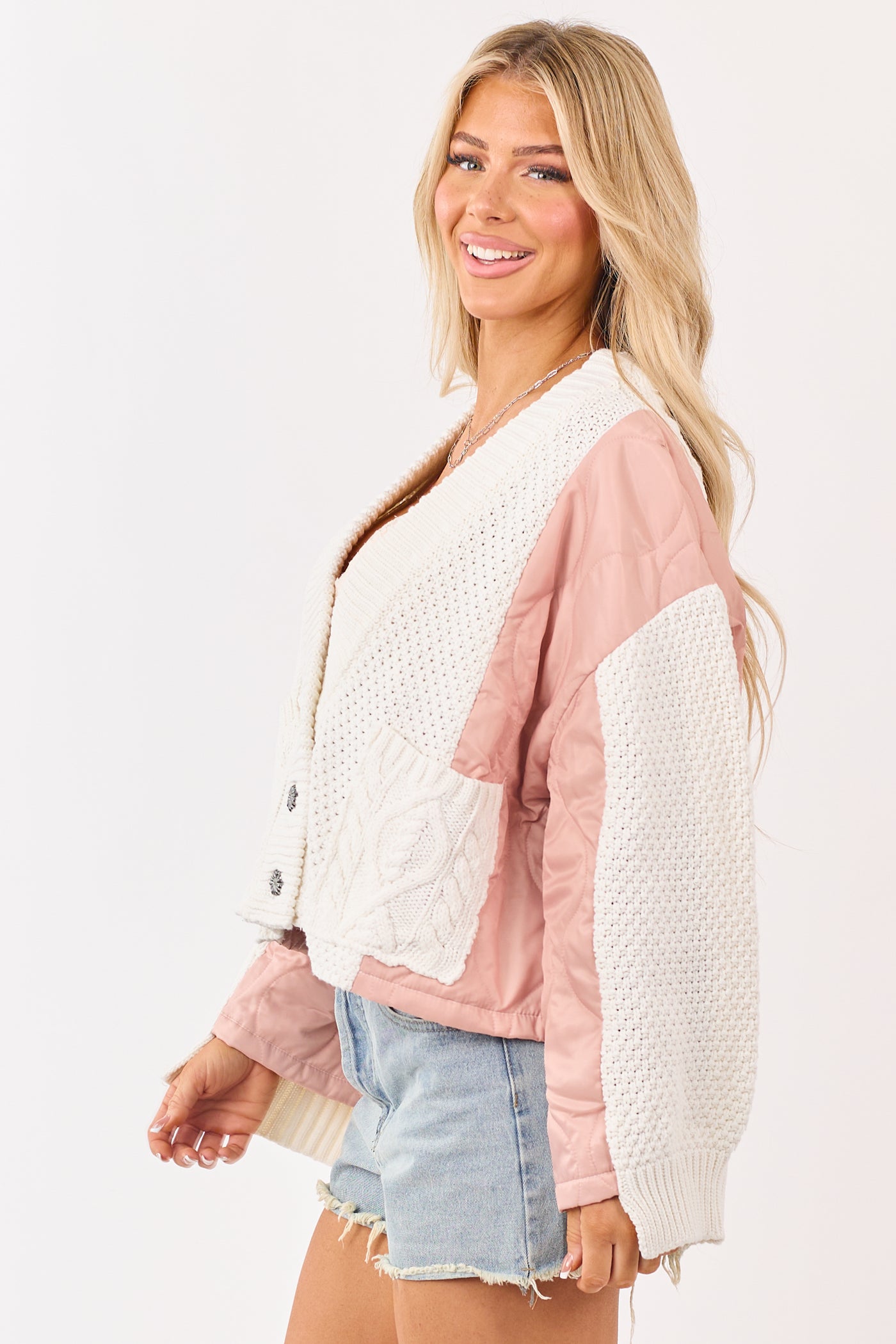 POL Cream and Dusty Blush Button Down Cardigan