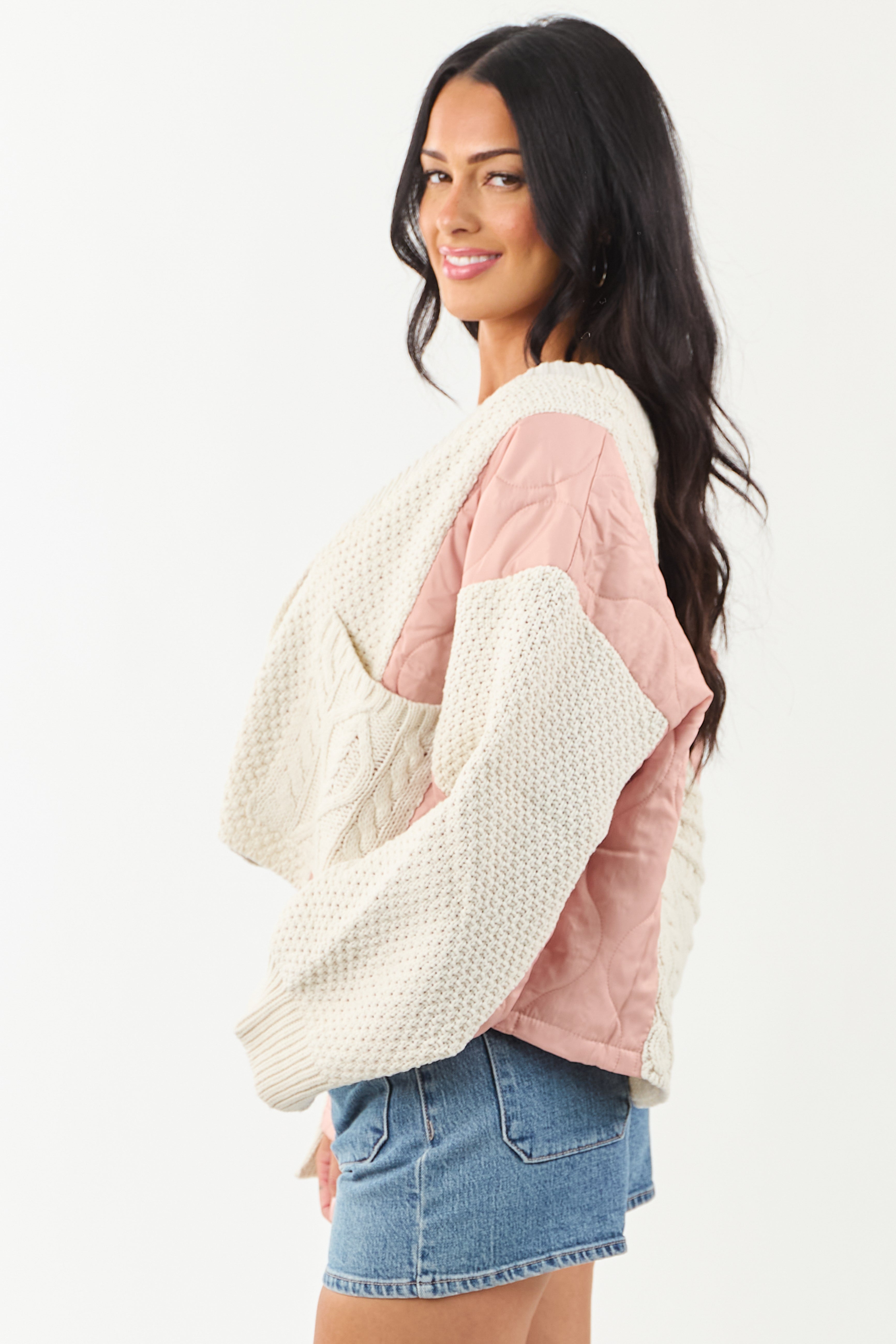 POL Cream and Dusty Blush Button Down Cardigan