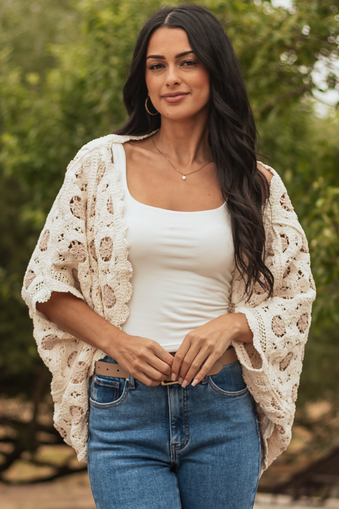 POL Cream and Latte Open Knit Batwing Cardigan