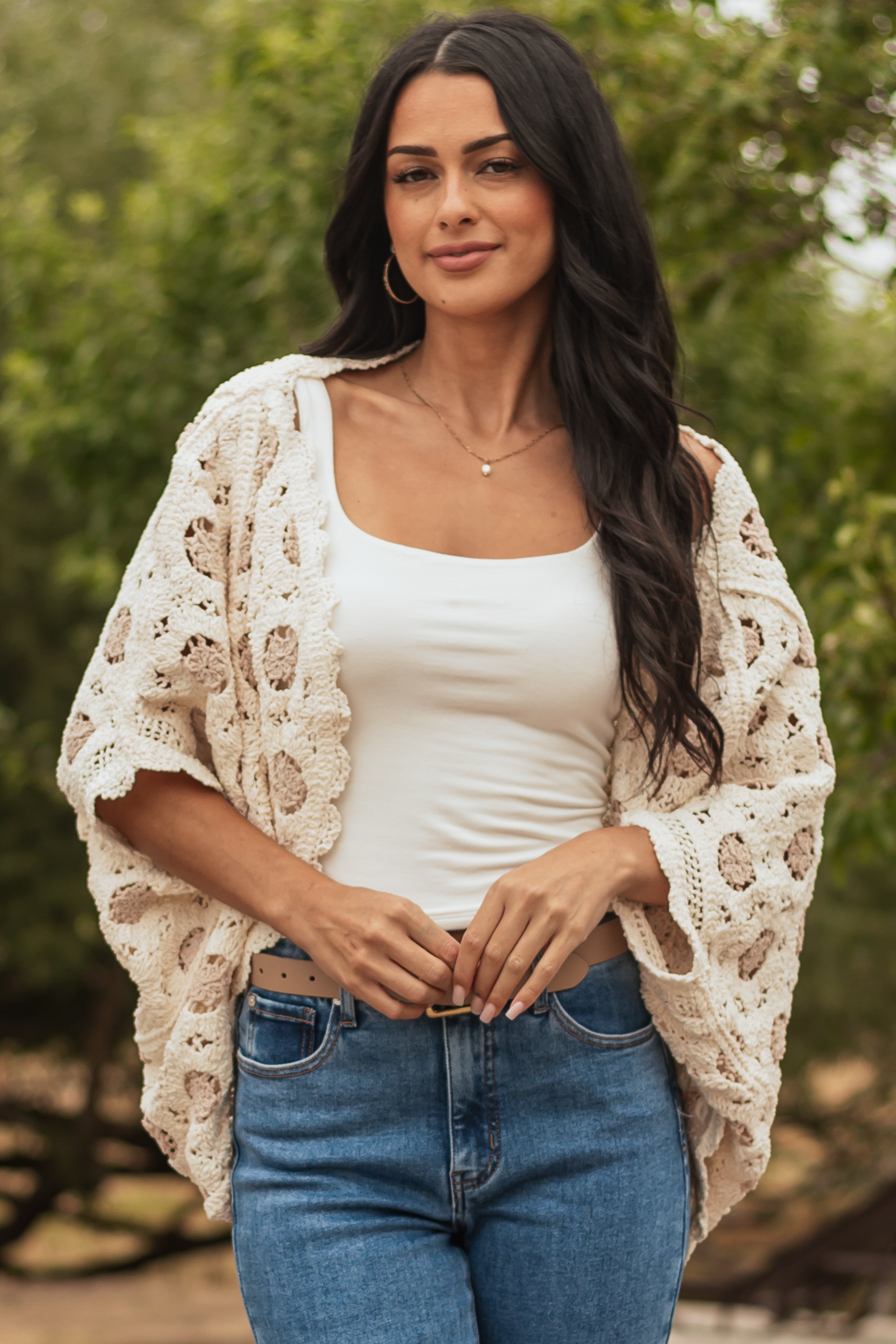 POL Cream and Latte Open Knit Batwing Cardigan