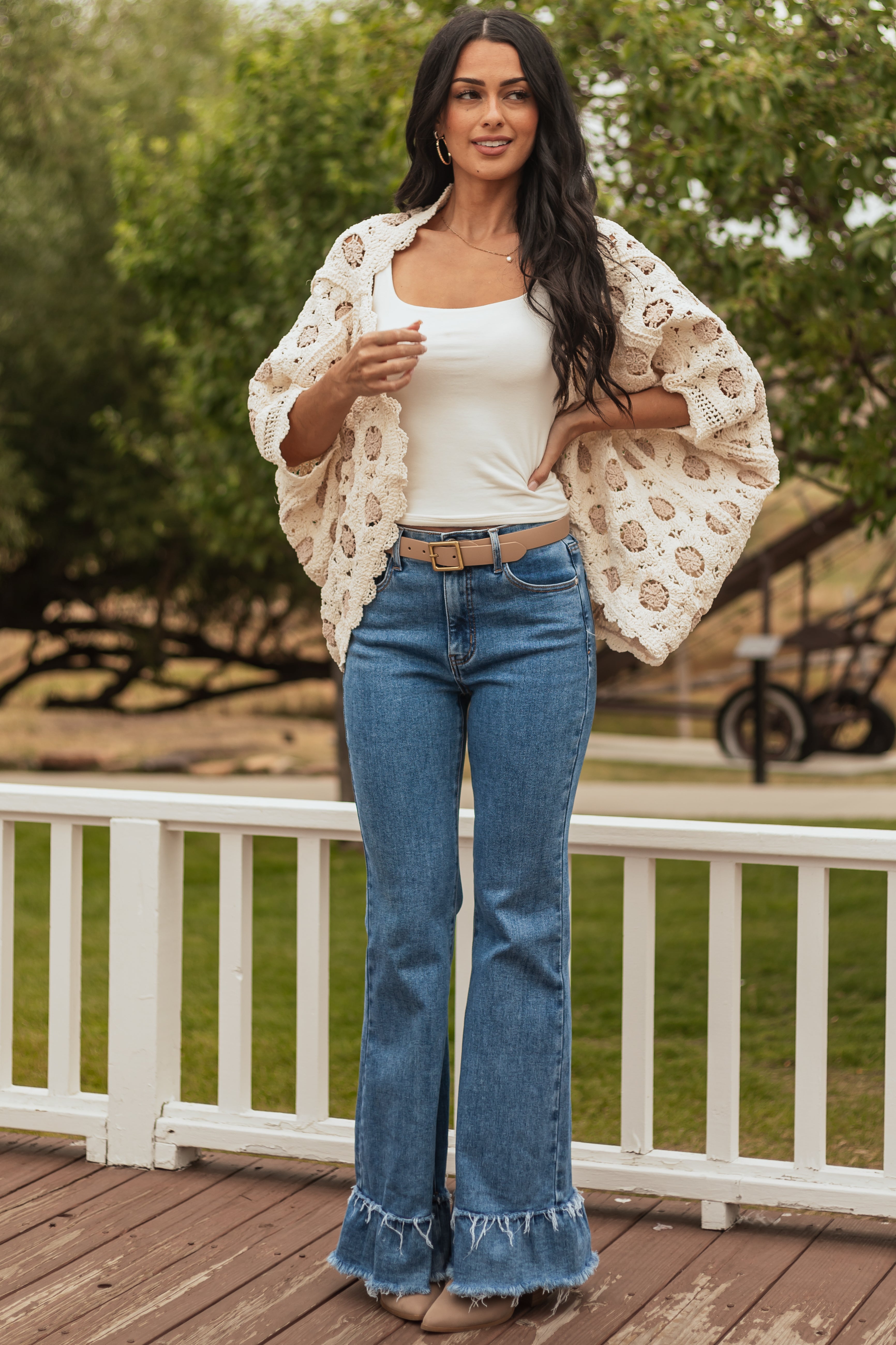 POL Cream and Latte Open Knit Batwing Cardigan