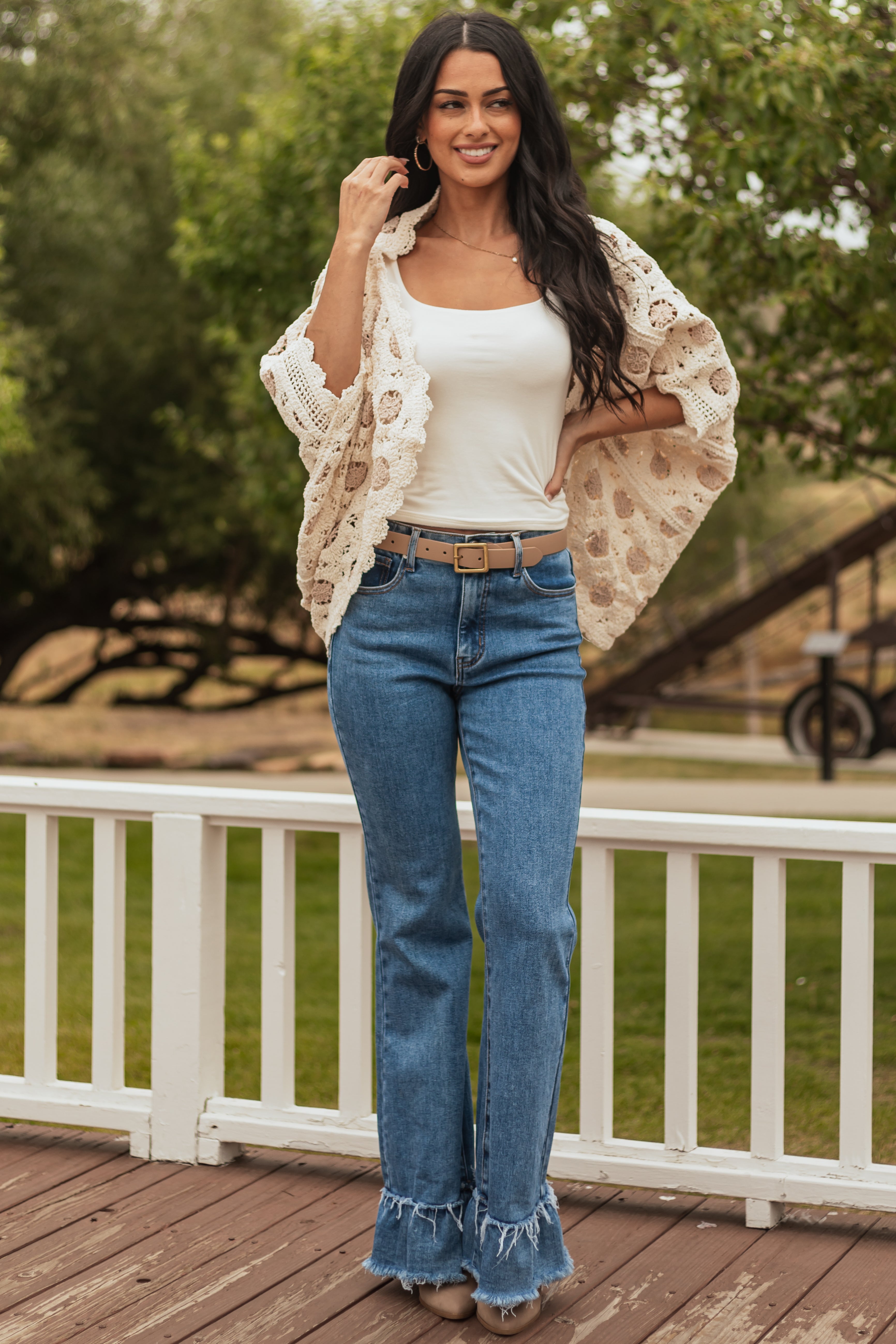 POL Cream and Latte Open Knit Batwing Cardigan