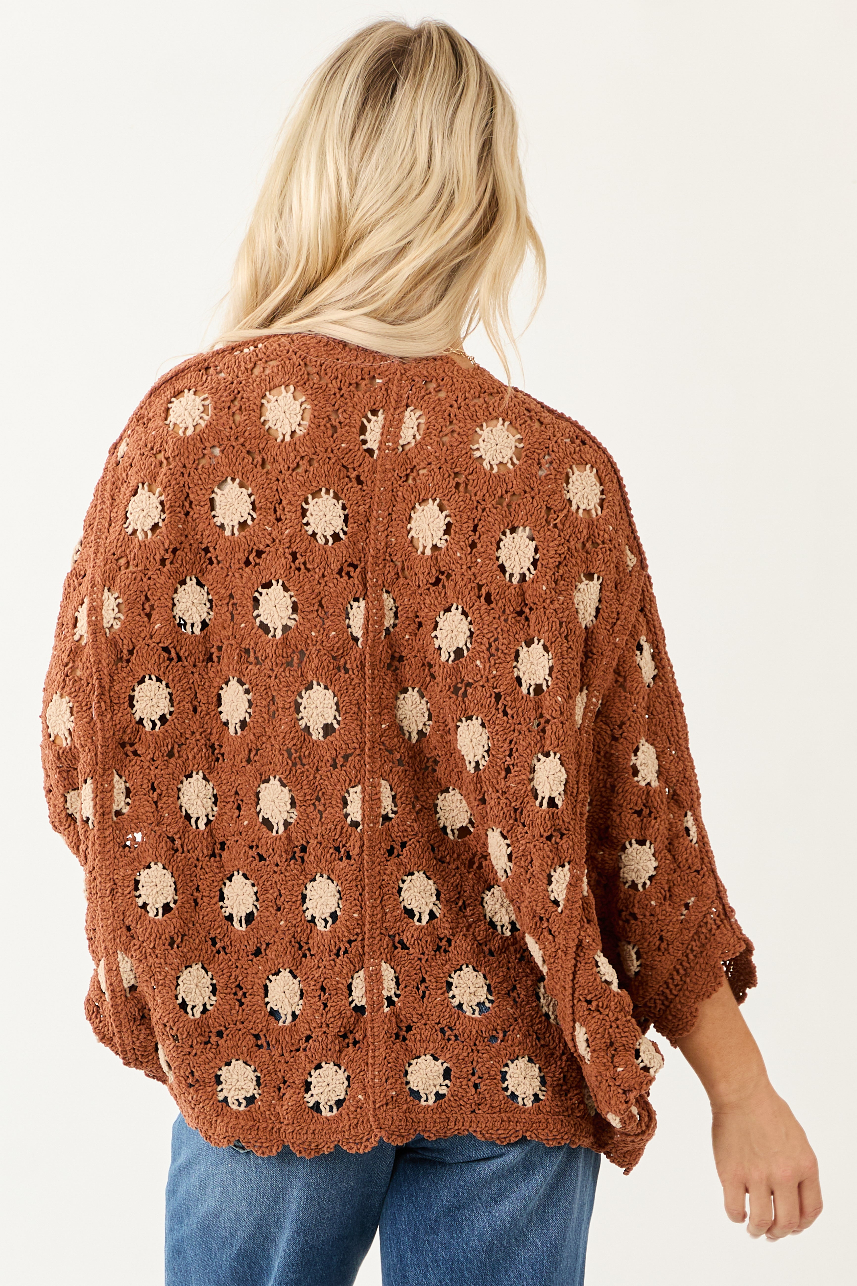 POL Deep Ginger and Latte Open Knit Batwing Cardigan
