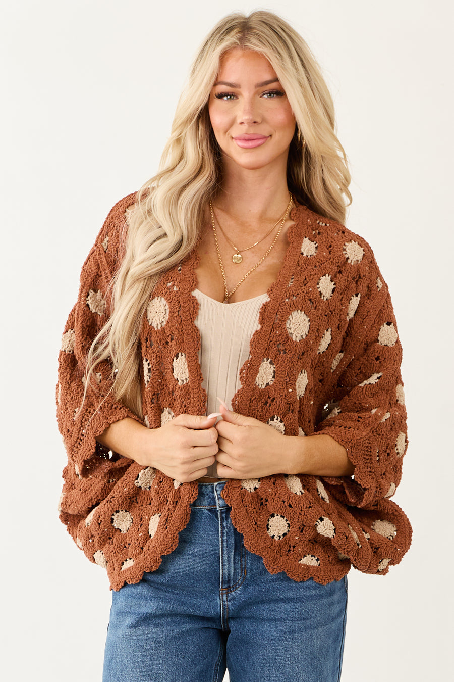 POL Deep Ginger and Latte Open Knit Batwing Cardigan
