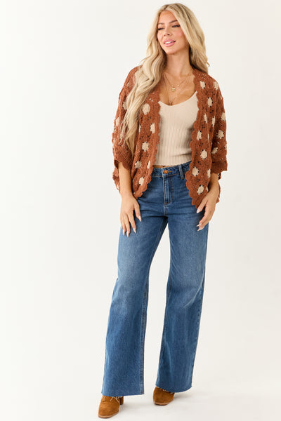 POL Deep Ginger and Latte Open Knit Batwing Cardigan
