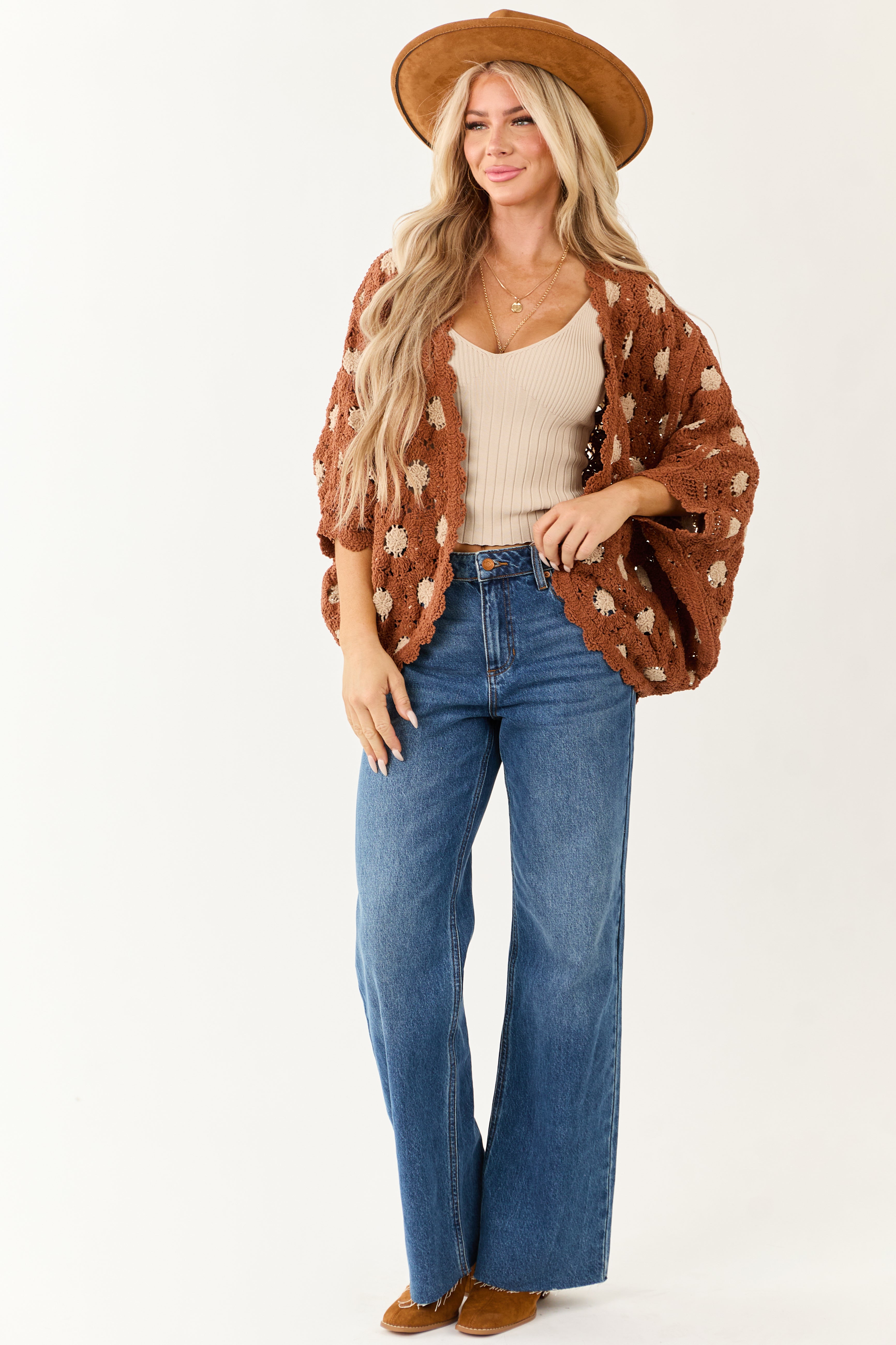 POL Deep Ginger and Latte Open Knit Batwing Cardigan