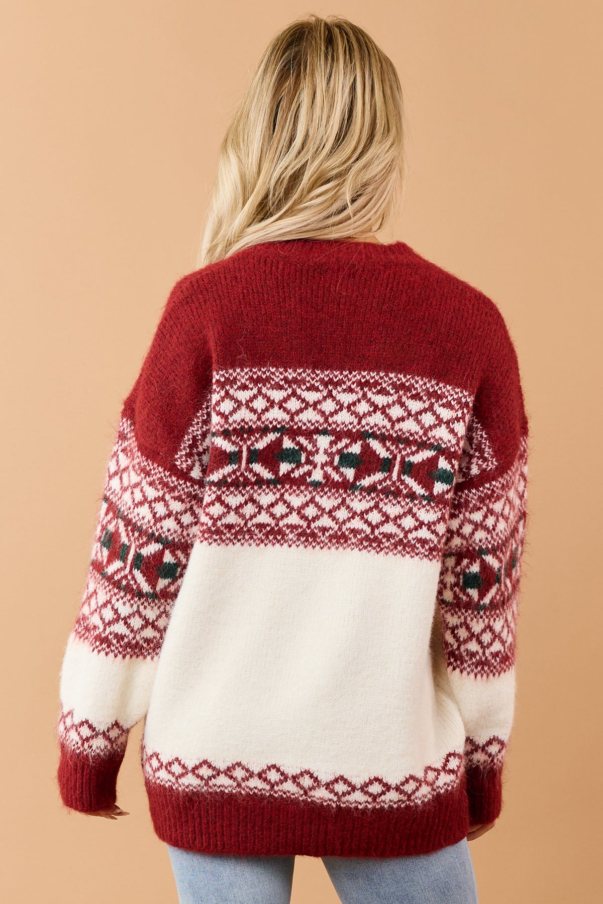 POL Deep Red Alpaca Wool Fair Isle Sweater