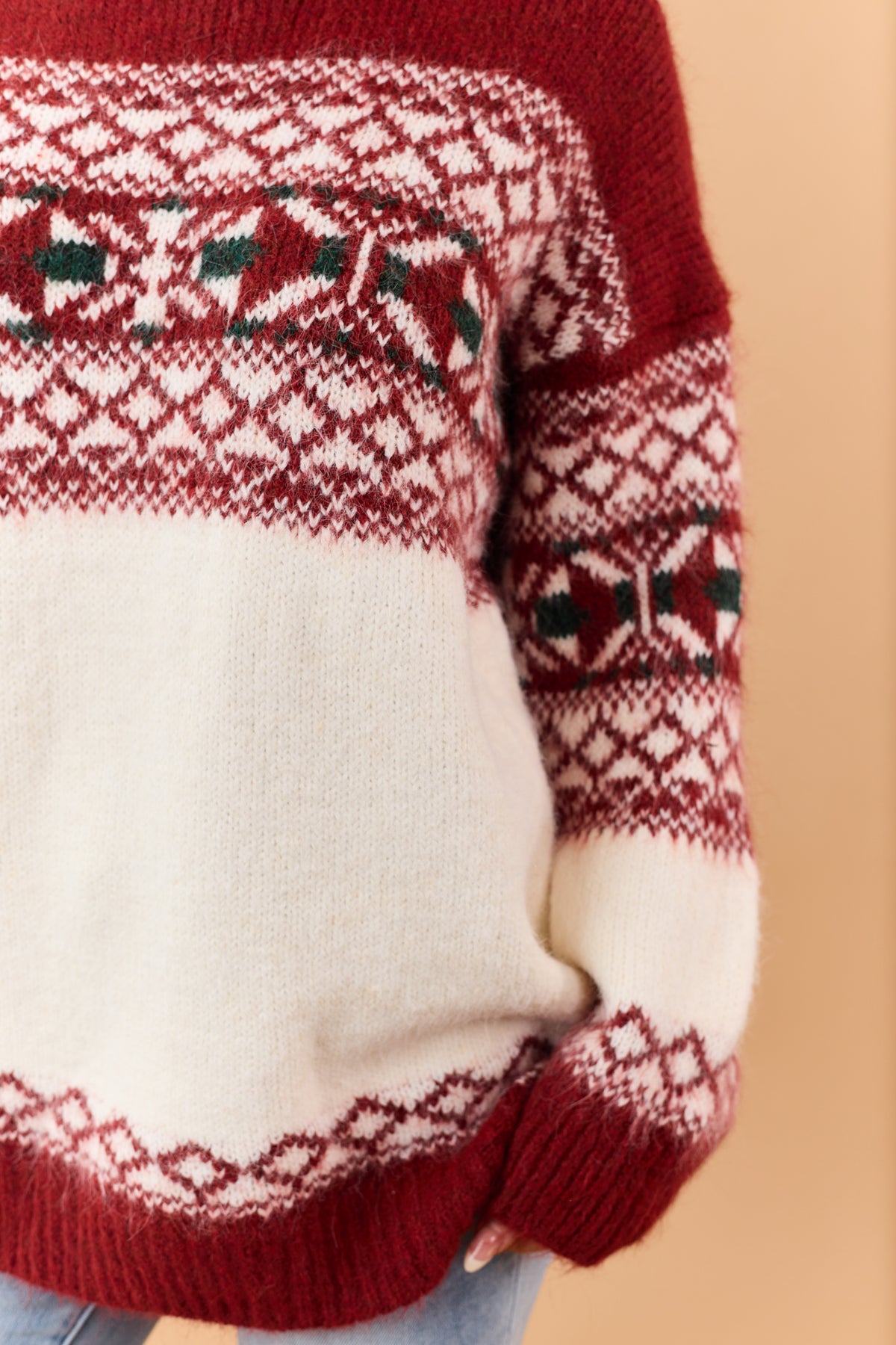 POL Deep Red Alpaca Wool Fair Isle Sweater