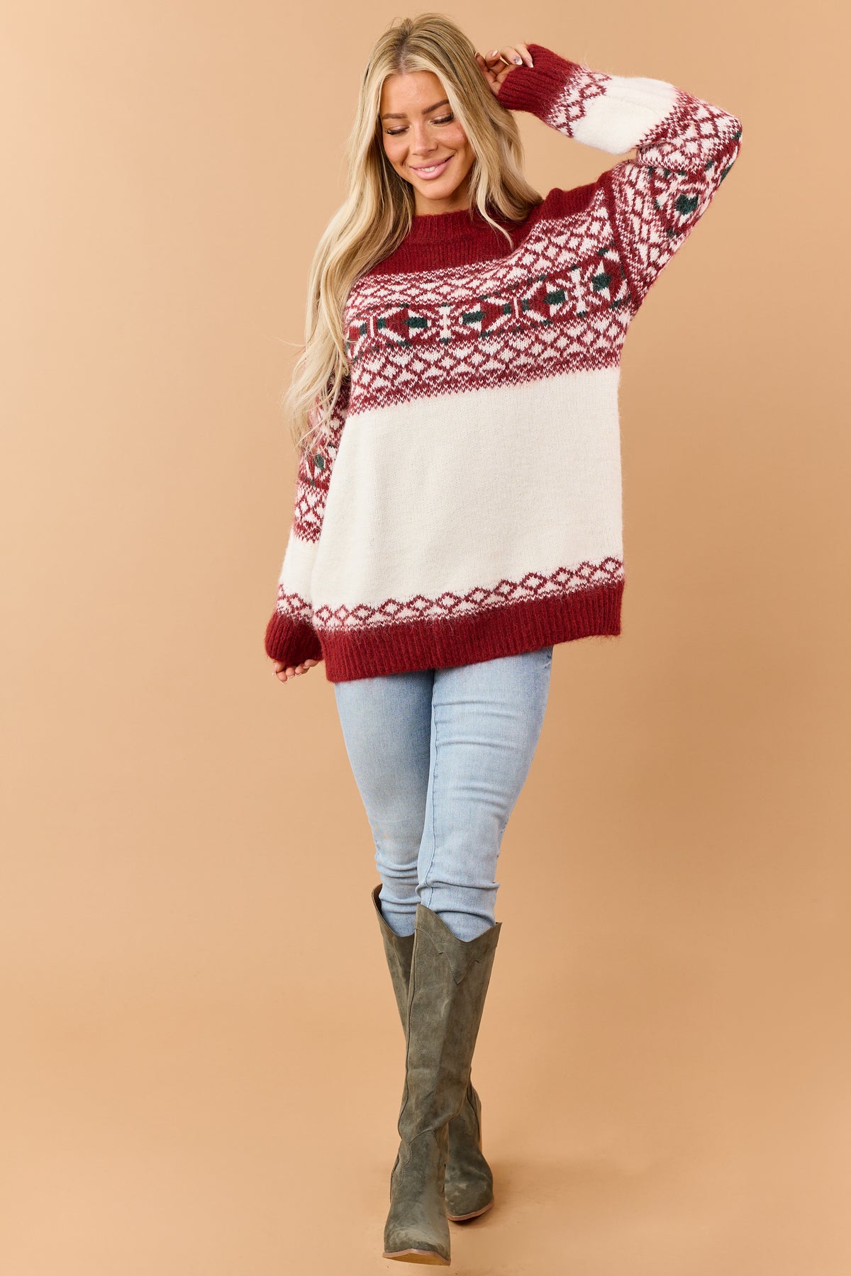 POL Deep Red Alpaca Wool Fair Isle Sweater