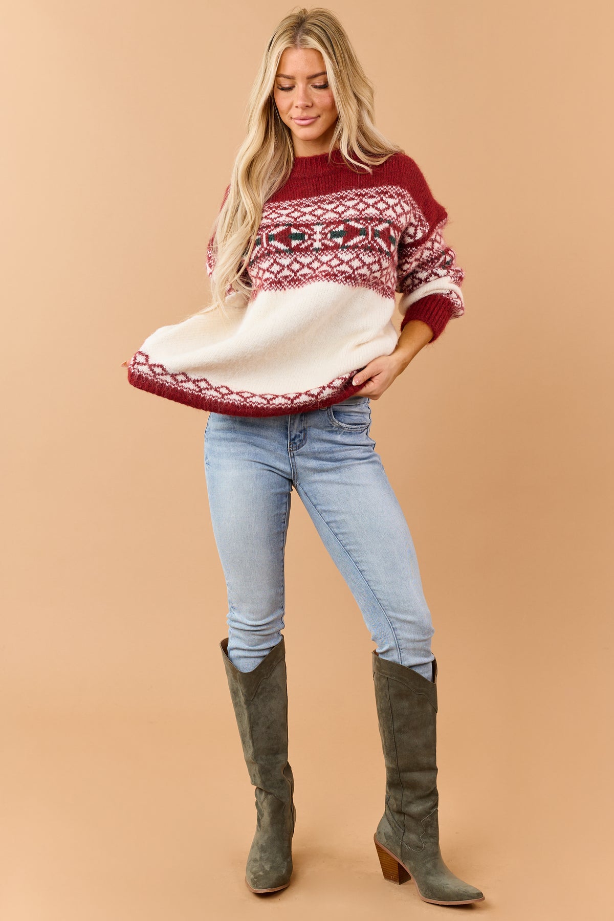 POL Deep Red Alpaca Wool Fair Isle Sweater