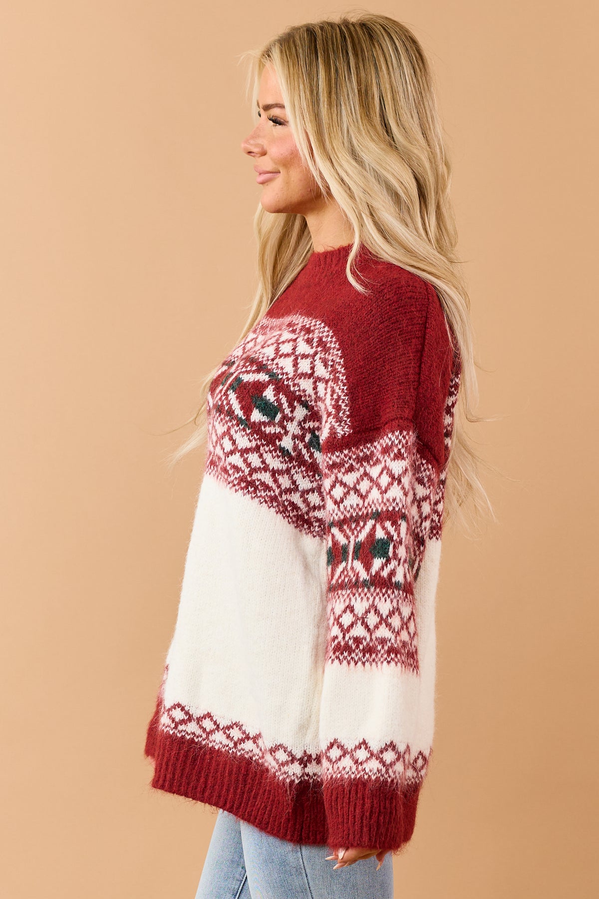 POL Deep Red Alpaca Wool Fair Isle Sweater