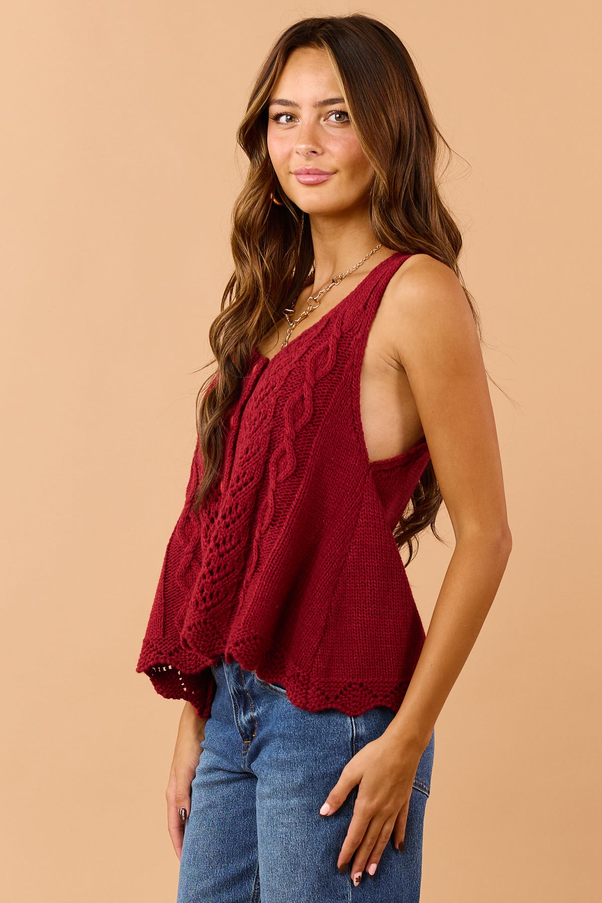 POL Deep Red Wool Blend Button Down Tank Top