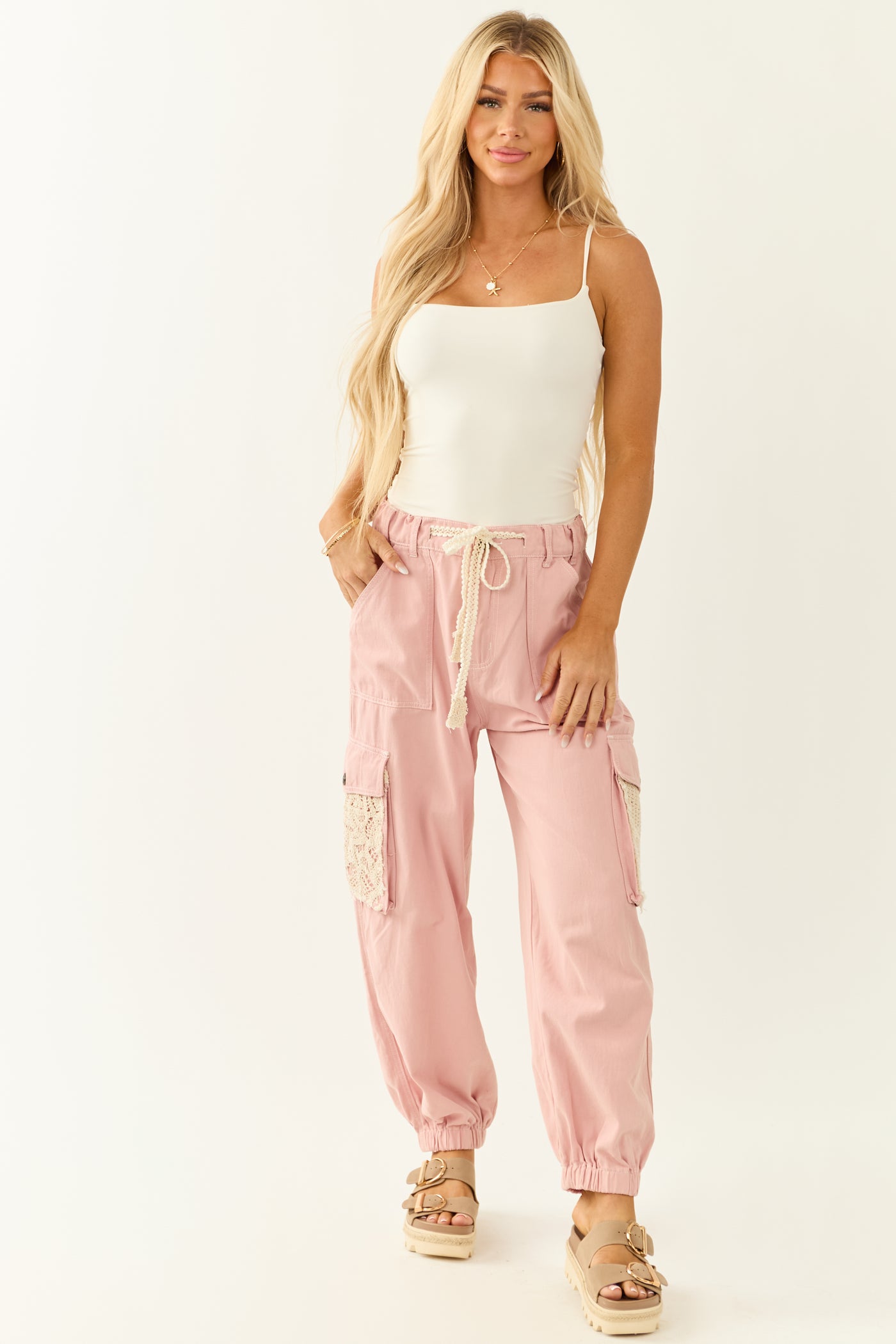 POL Dusty Blush Denim Crochet Detail Joggers
