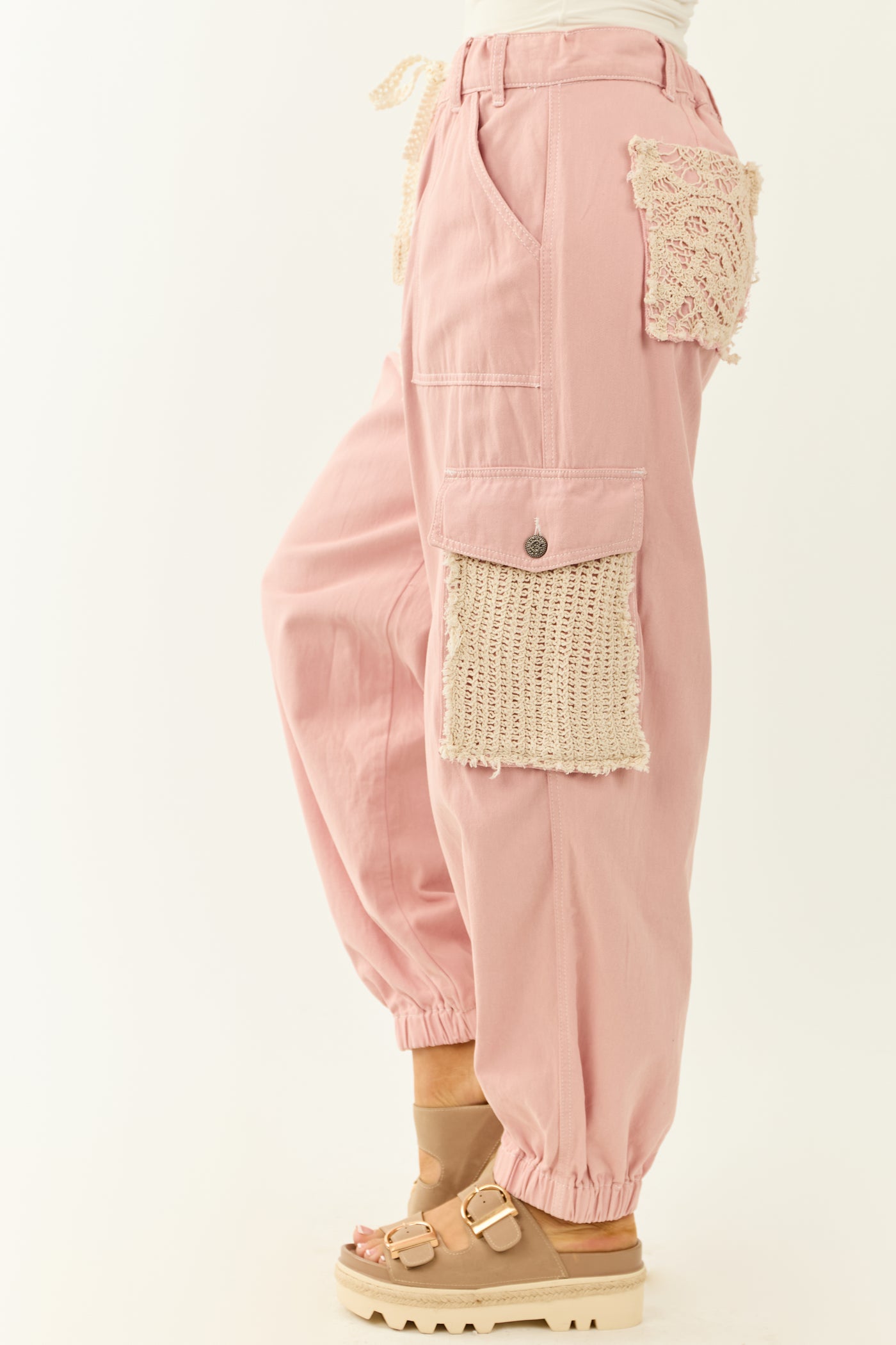 POL Dusty Blush Denim Crochet Detail Joggers