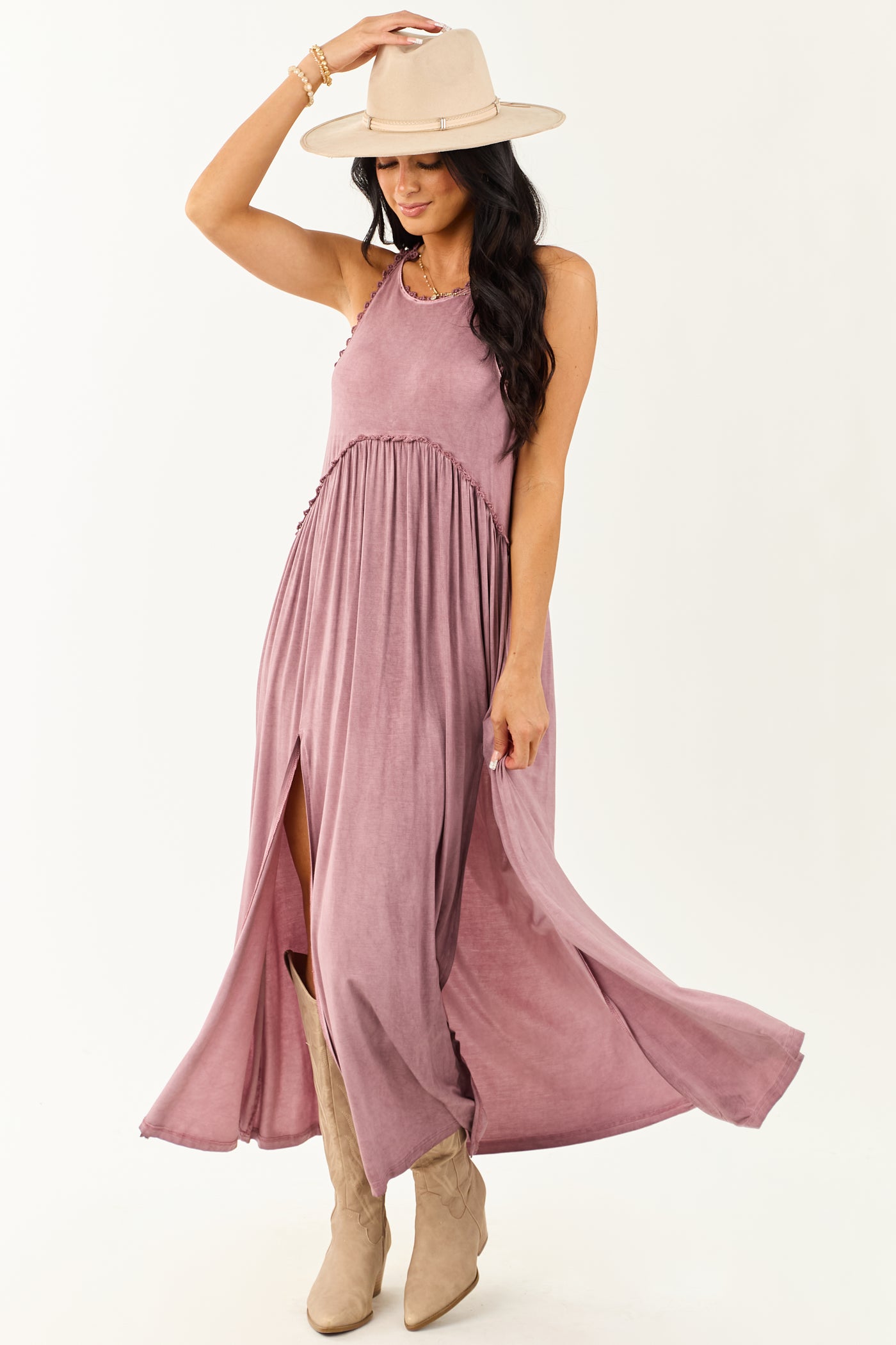 POL Dusty Mauve Crochet Lace Trim Soft Maxi Dress