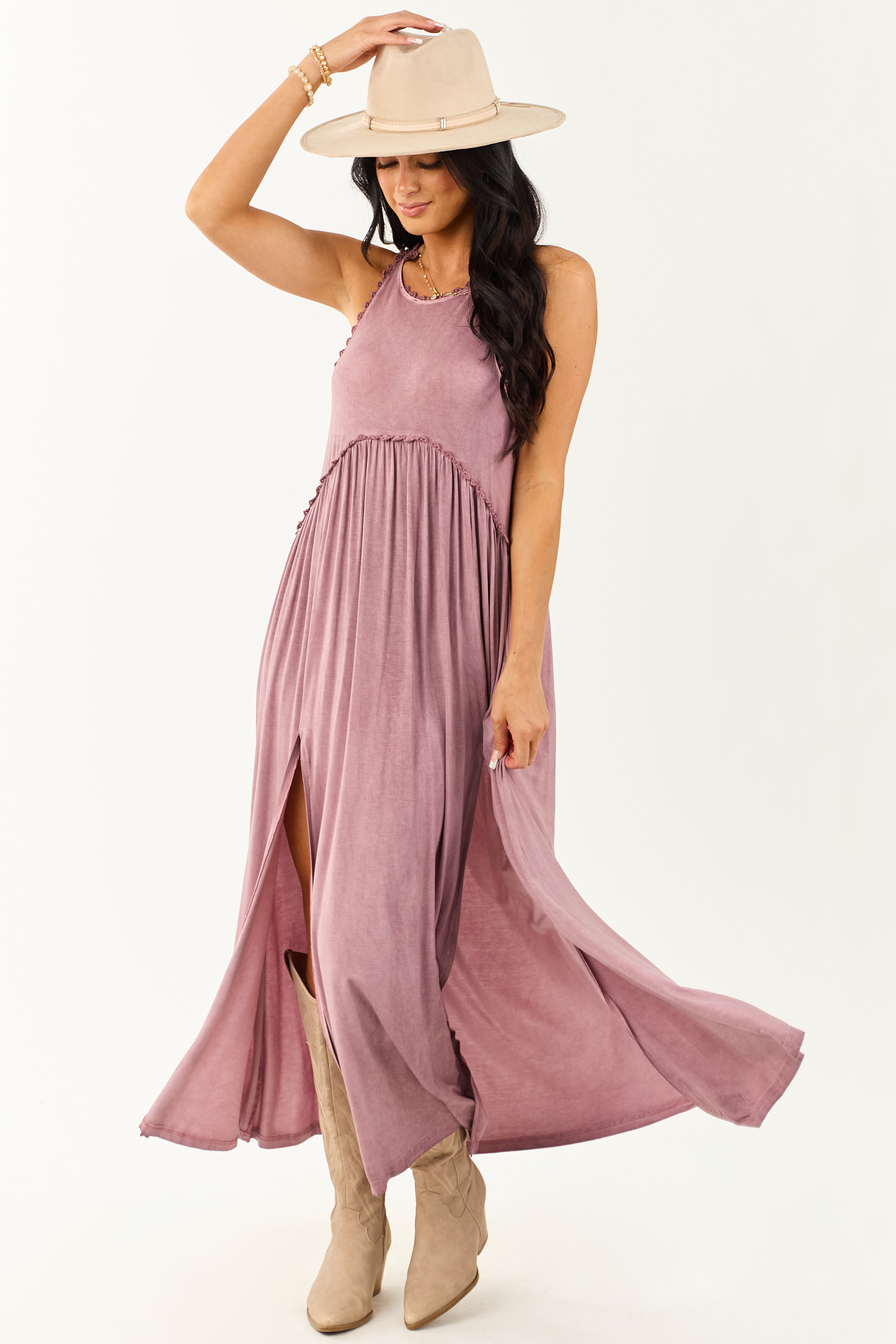 POL Dusty Mauve Crochet Lace Trim Soft Maxi Dress