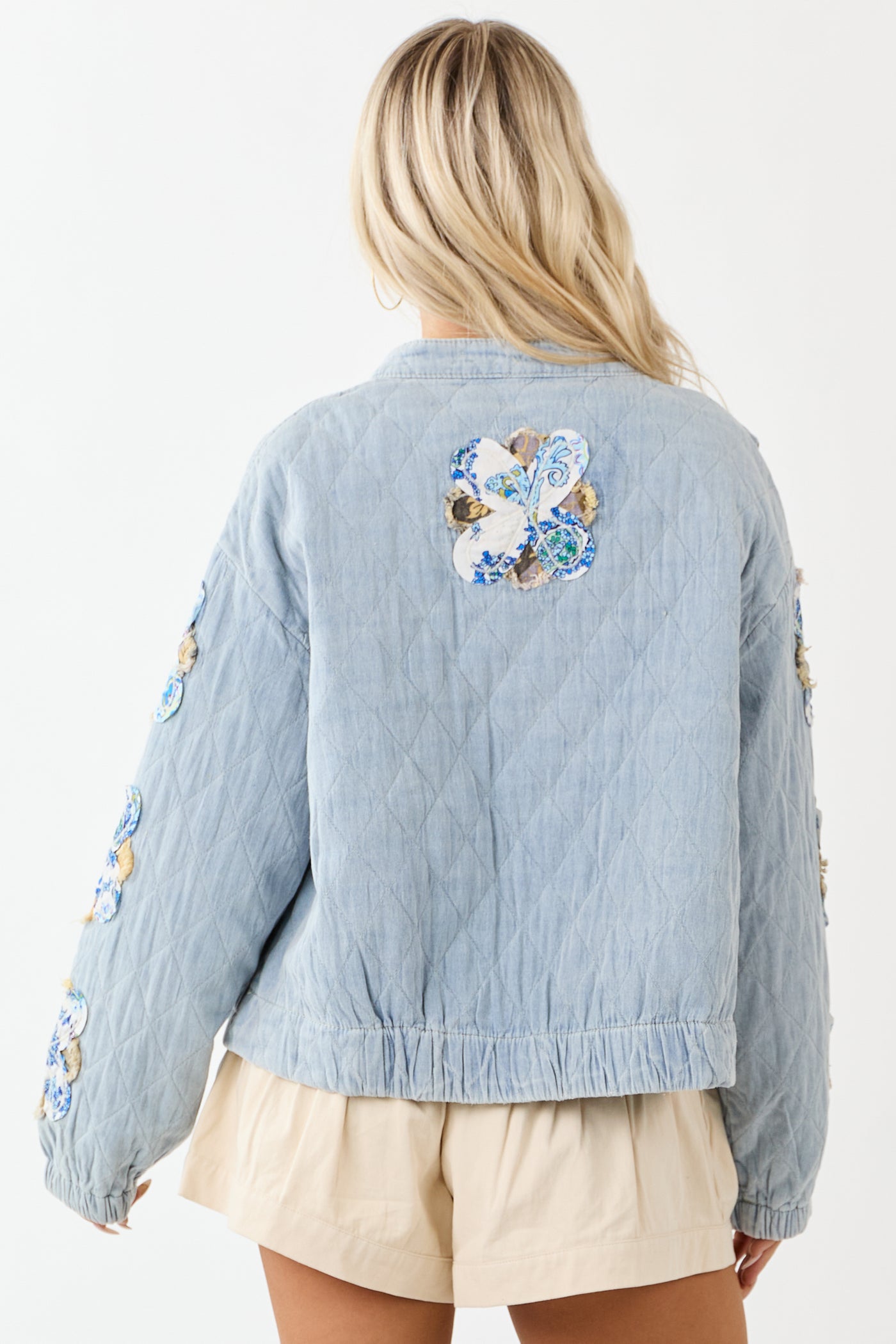 POL Floral Patch Denim Button Up Quilted Jacket