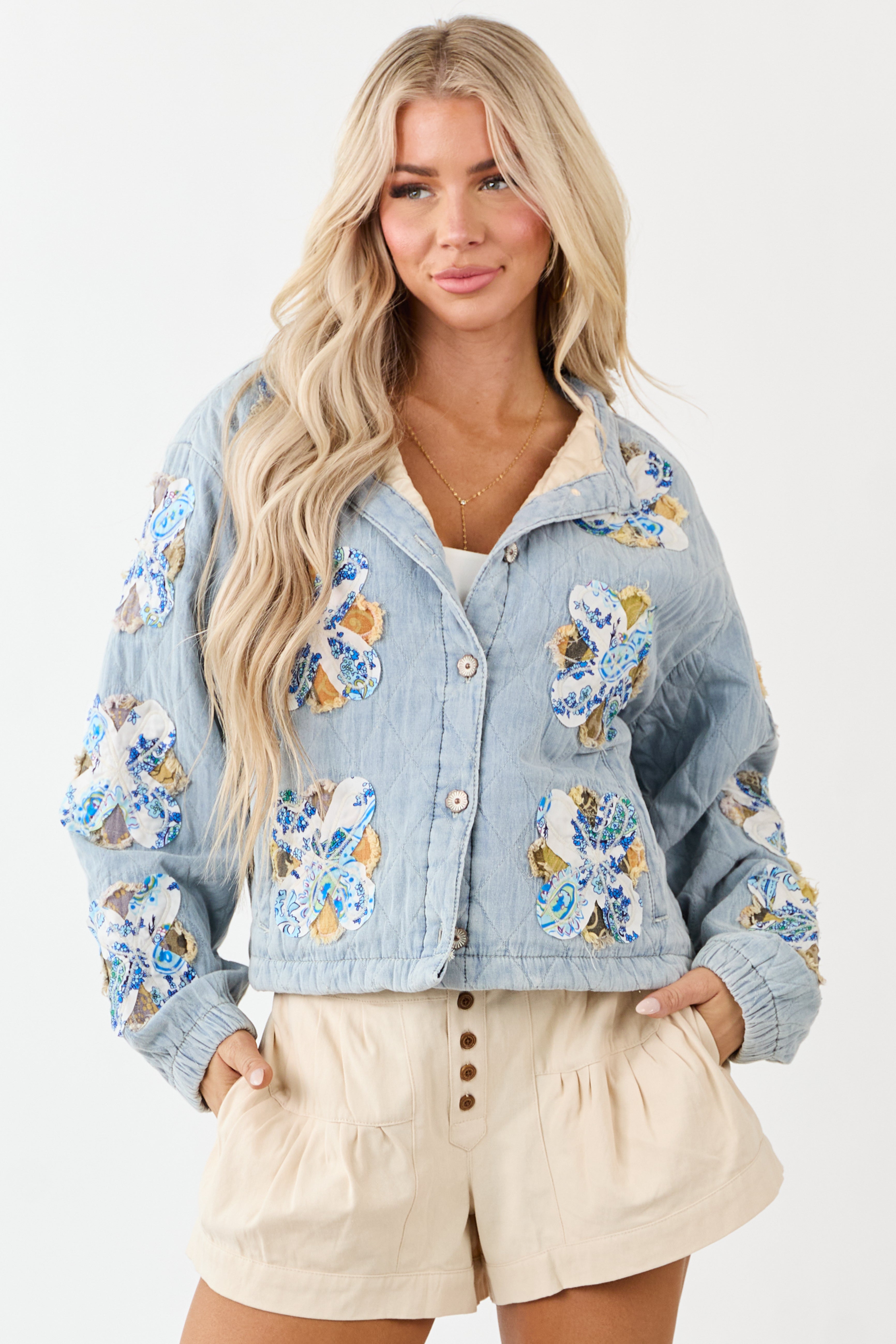 POL Floral Patch Denim Button Up Quilted Jacket