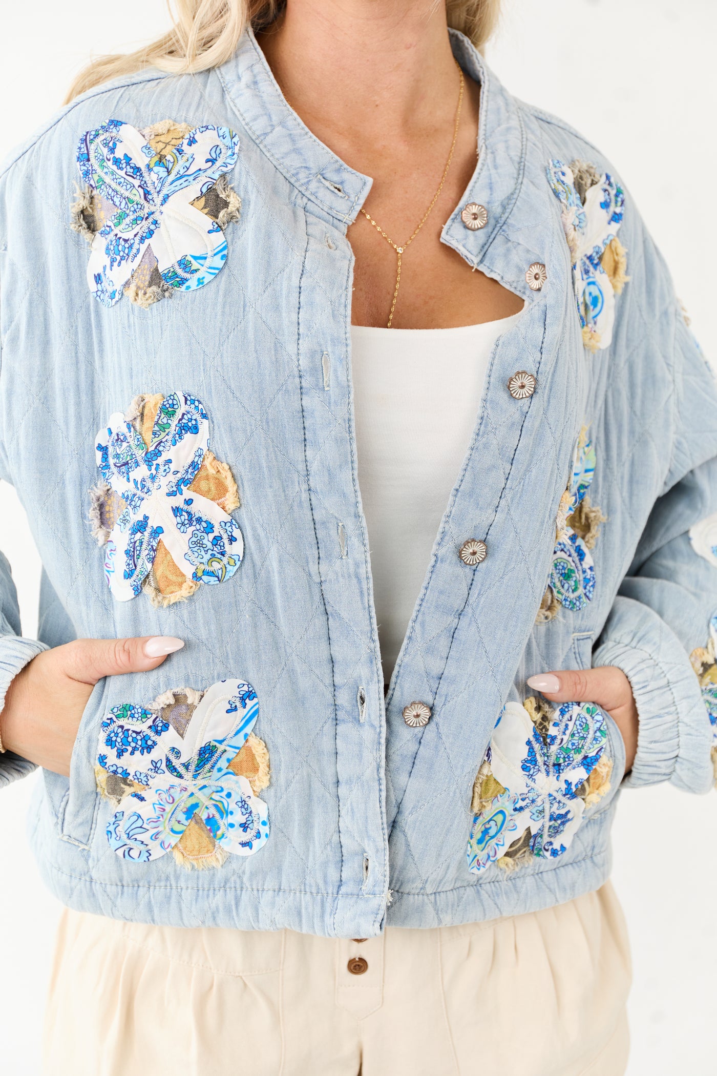 POL Floral Patch Denim Button Up Quilted Jacket