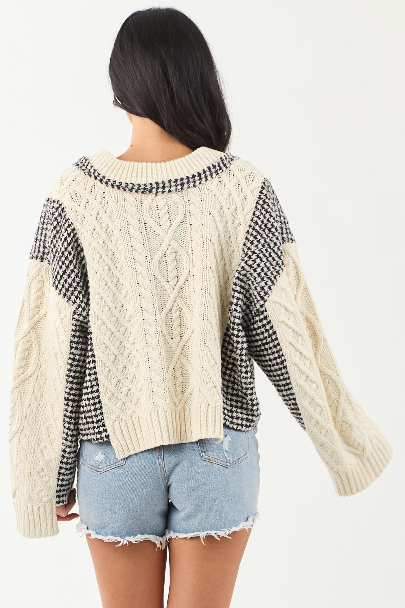 POL Ivory Cable Knit Houndstooth Contrast Cardigan
