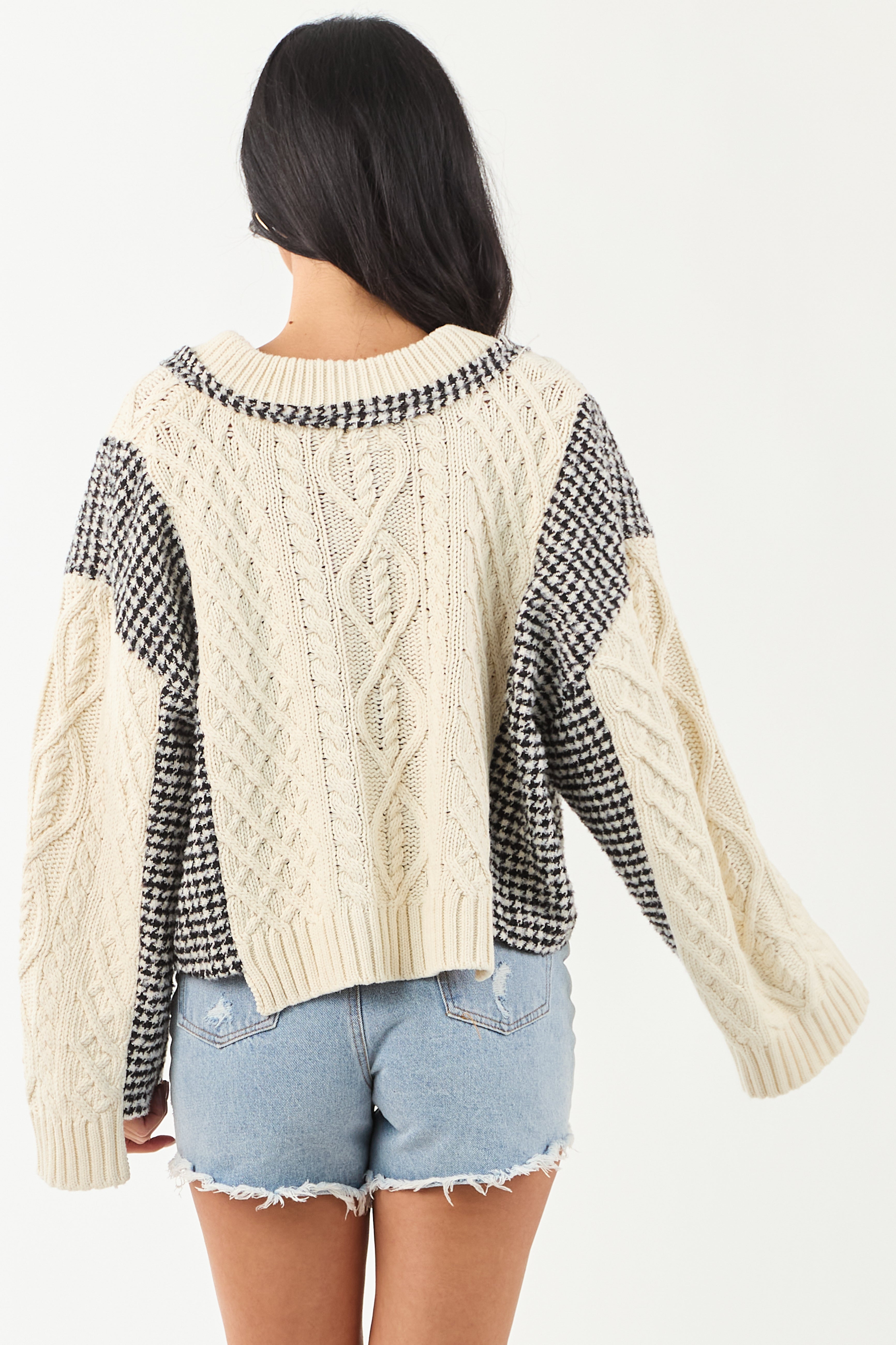 POL Ivory Cable Knit Houndstooth Contrast Cardigan