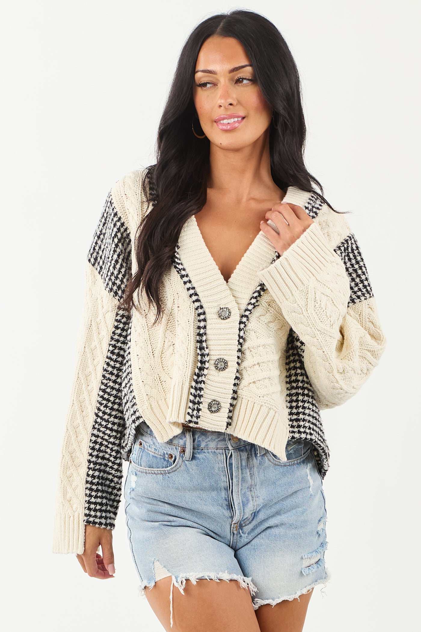 POL Ivory Cable Knit Houndstooth Contrast Cardigan