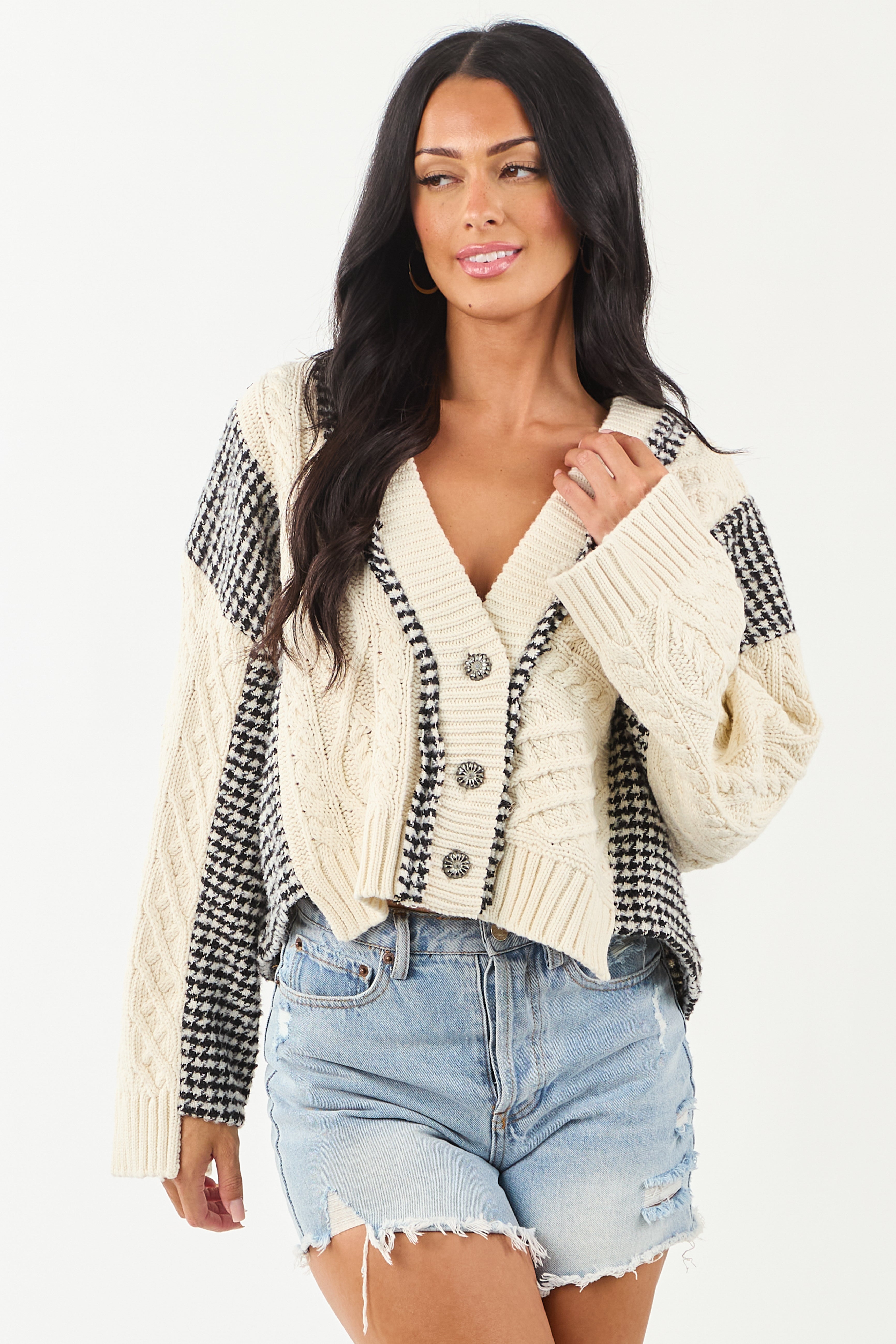 POL Ivory Cable Knit Houndstooth Contrast Cardigan