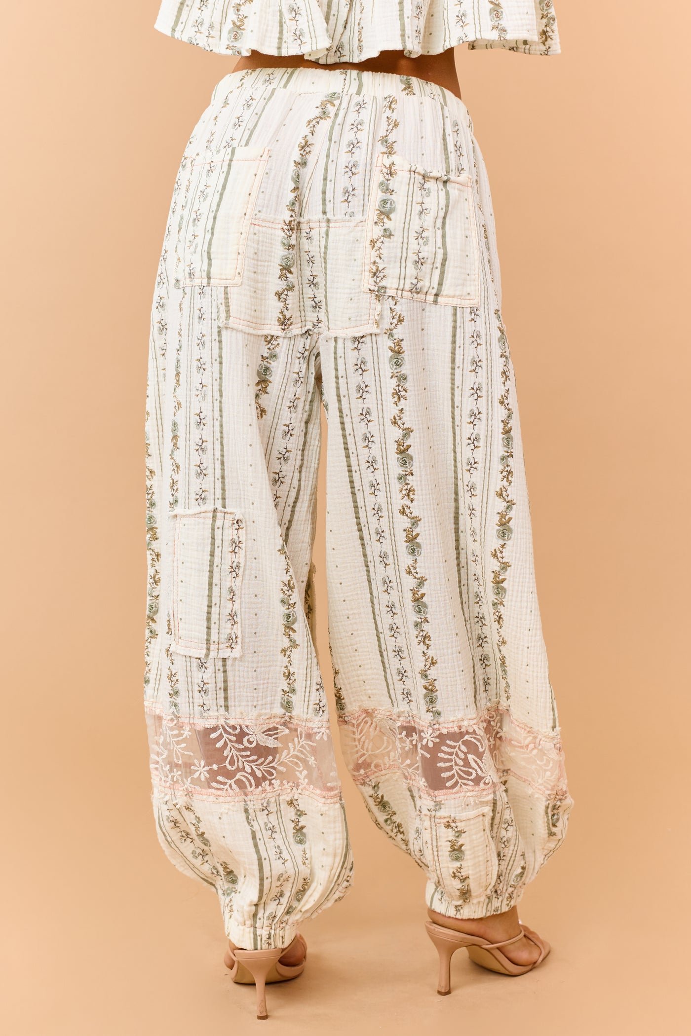 POL Ivory Floral Patchwork Cotton Gauze Joggers