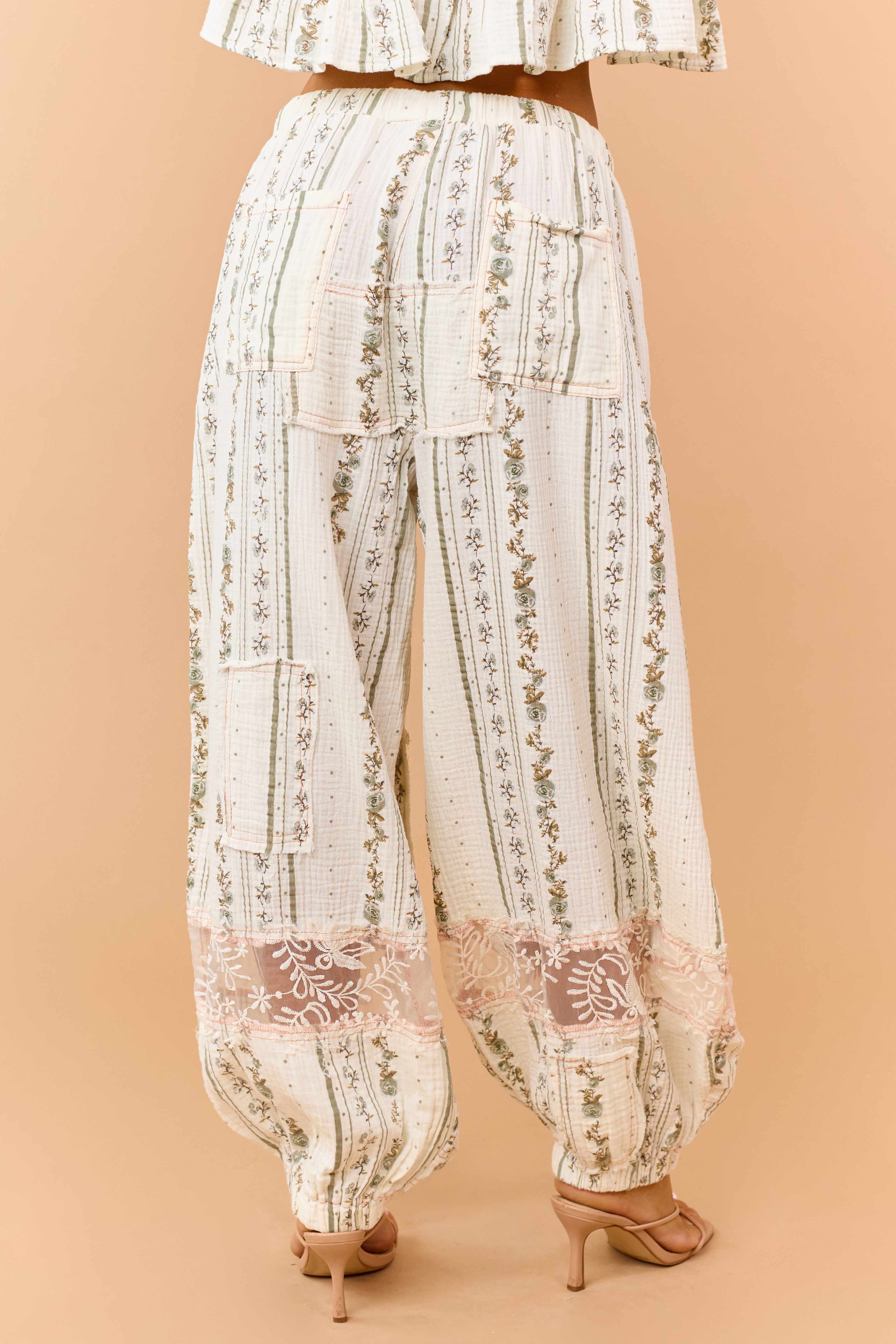 POL Ivory Floral Patchwork Cotton Gauze Joggers