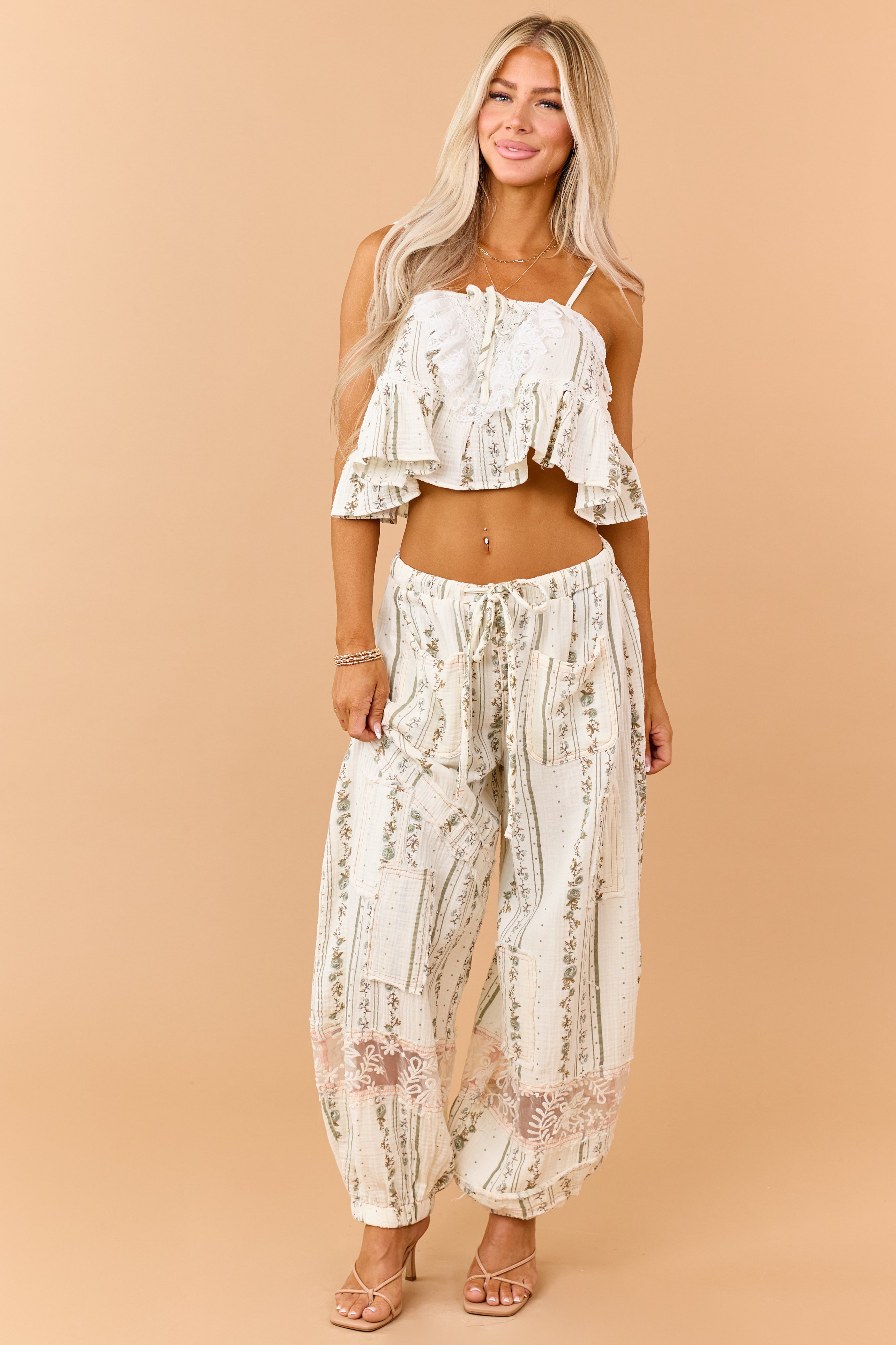 POL Ivory Floral Patchwork Cotton Gauze Joggers