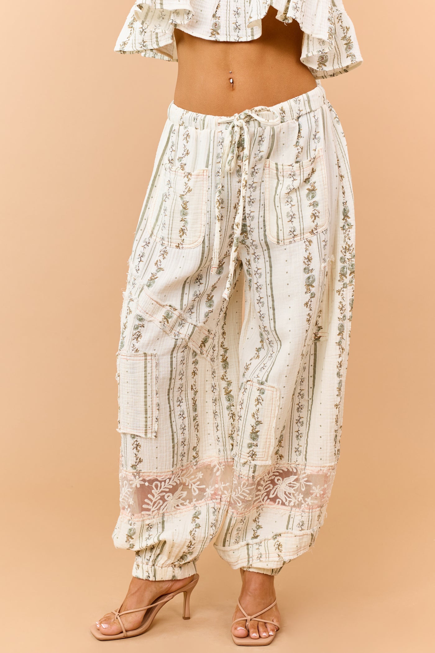 POL Ivory Floral Patchwork Cotton Gauze Joggers