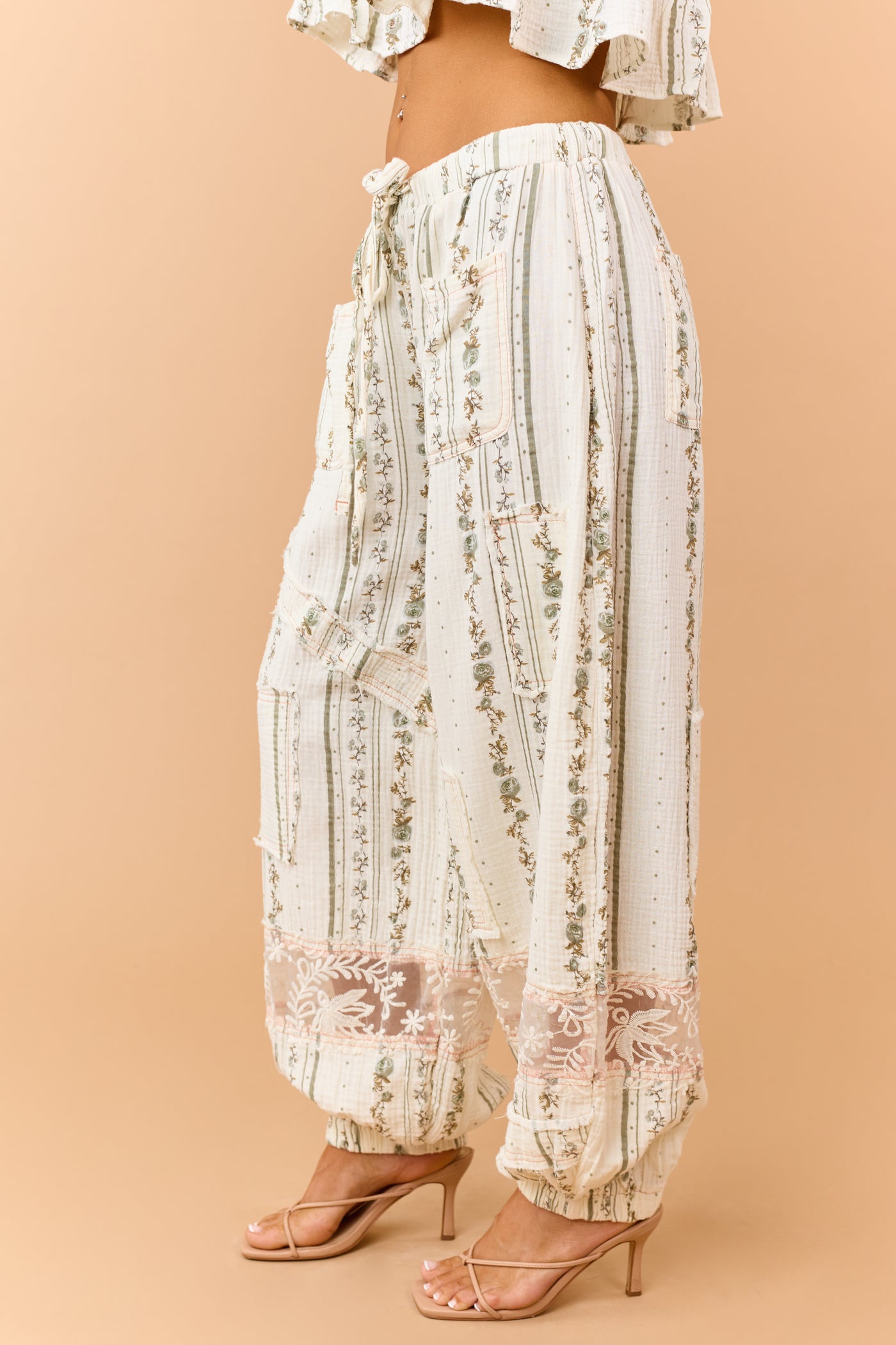 POL Ivory Floral Patchwork Cotton Gauze Joggers