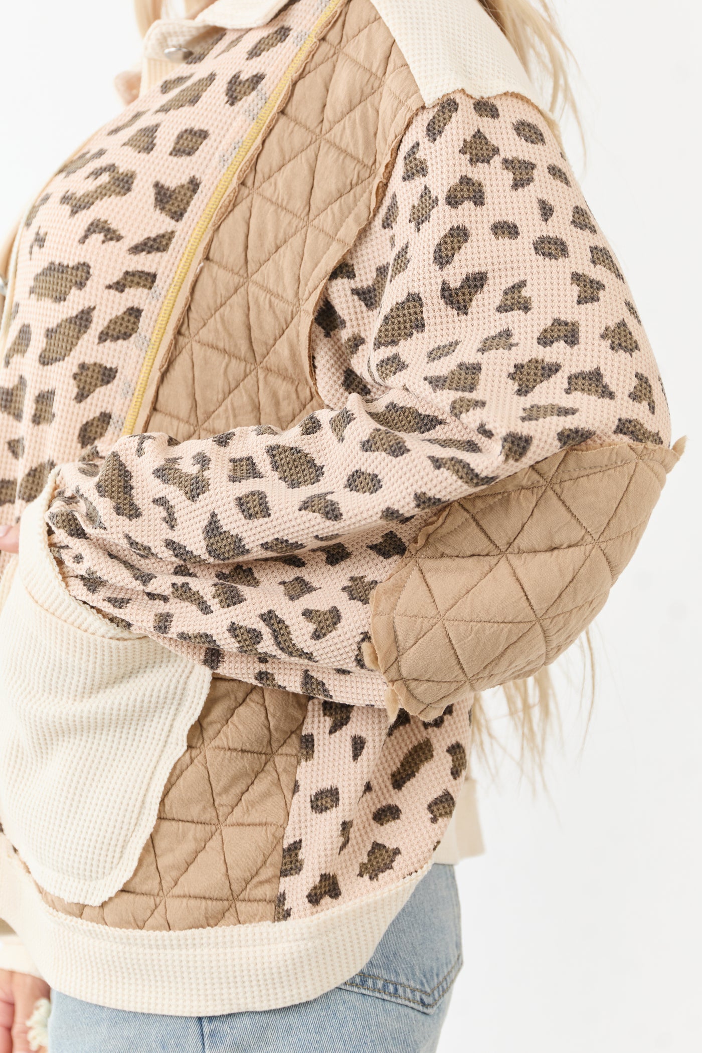 POL Latte Leopard Print Patchwork Jacket