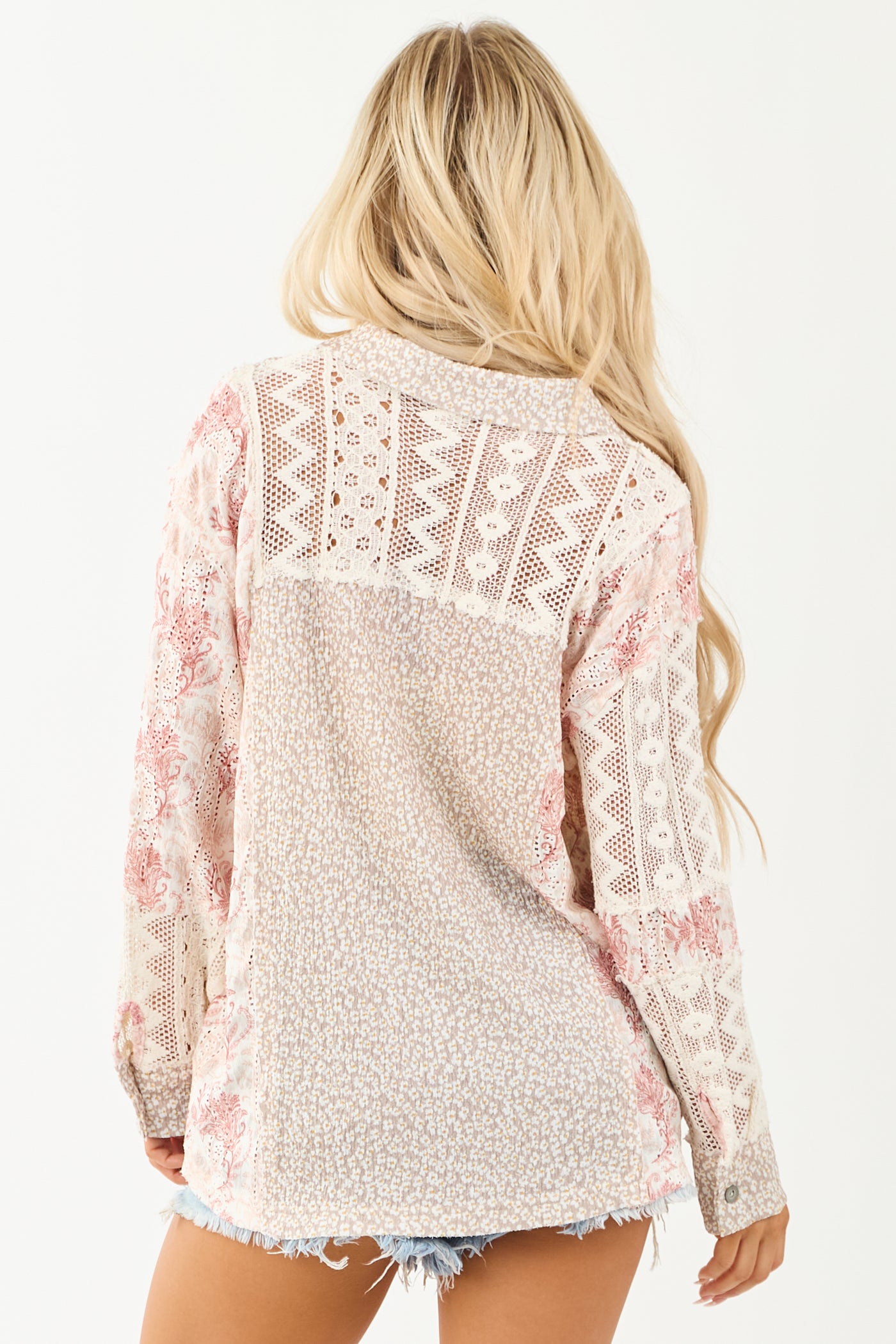 POL Latte Patchwork Button Down Long Sleeve Top