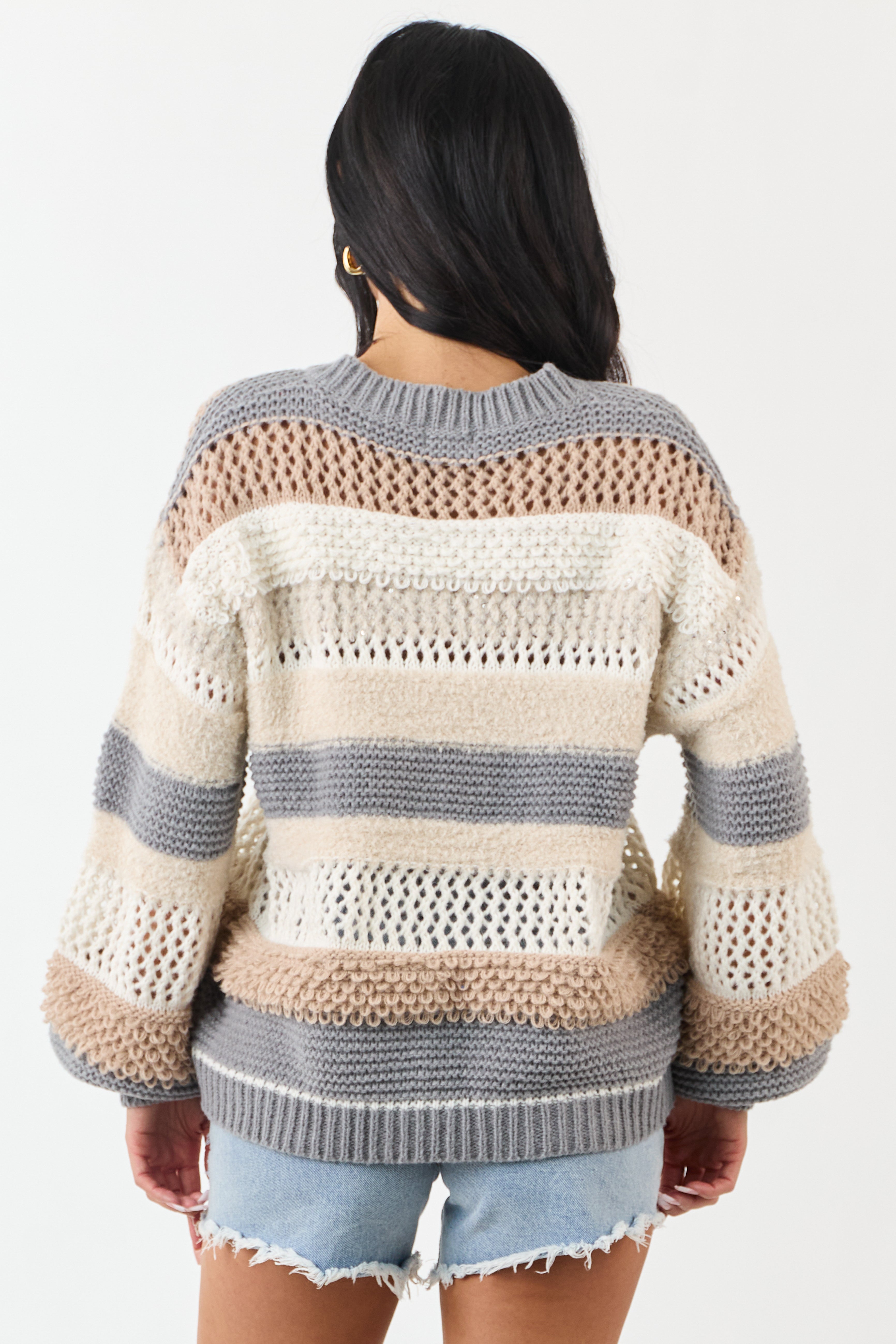 POL Latte Textured Contrast Striped Knit Sweater